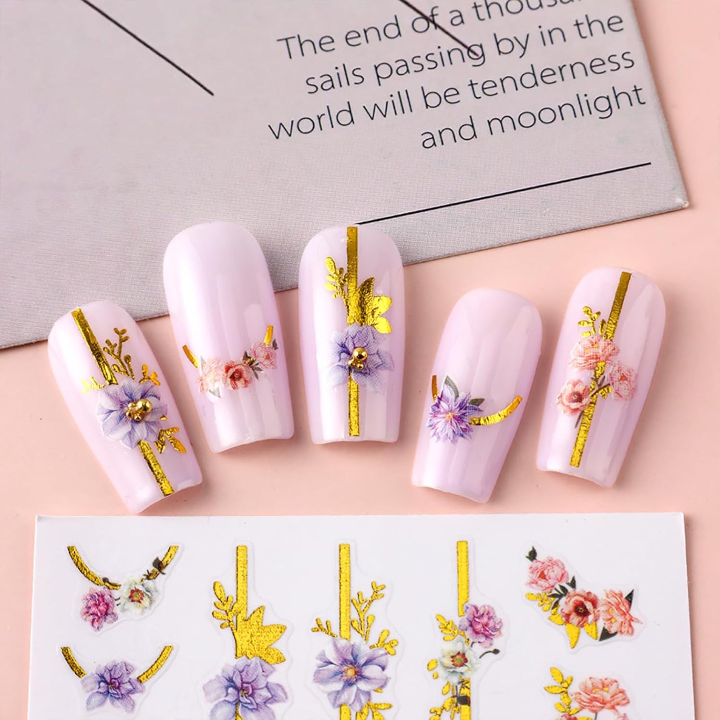 Flower Nail Art Stickers Women Spring Summer Embossed Floral Leaves Holographic Manicure Decals Self Adhesive DIY Decorations Supplies 5 Sheets