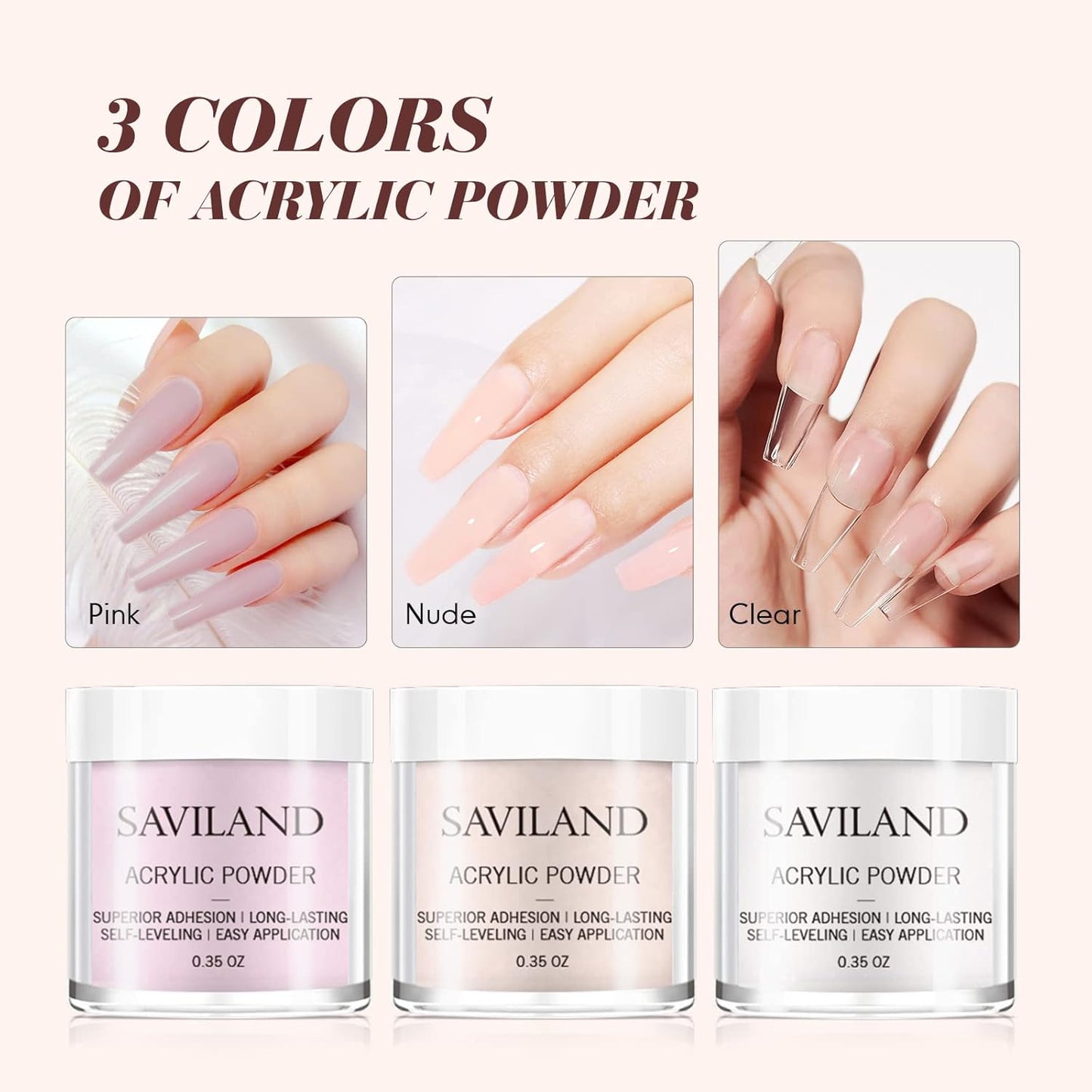 Saviland Acrylic Nail Starter Kit: Clear Pink Nude Acrylic Powder & Liquid, Brush, Files, Forms, Press On Nails, Home Practice Set