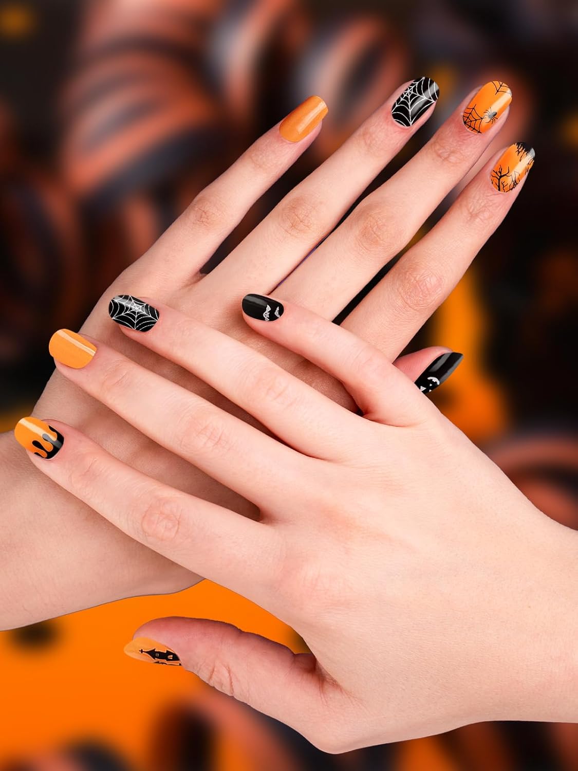 EBANKU Cured Gel Nail Stickers, 20 PCS Halloween Nail Gel Polish Strips, Adhesive Gel Nail Strips for Nail Design, Castle Spider Web Bat Nail Polish Stickers for Women Girls