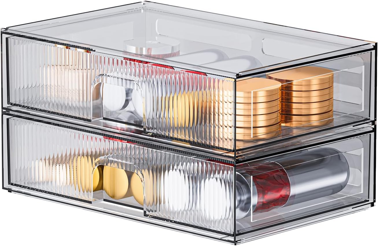ZHIAI Stackable Storage Drawer, 2 Piece Acrylic Organiser for Cosmetics and Beauty Products, Suitable for Dressers, Bathrooms, Cabinets, Storage Rooms, Bedrooms and Home Organisers