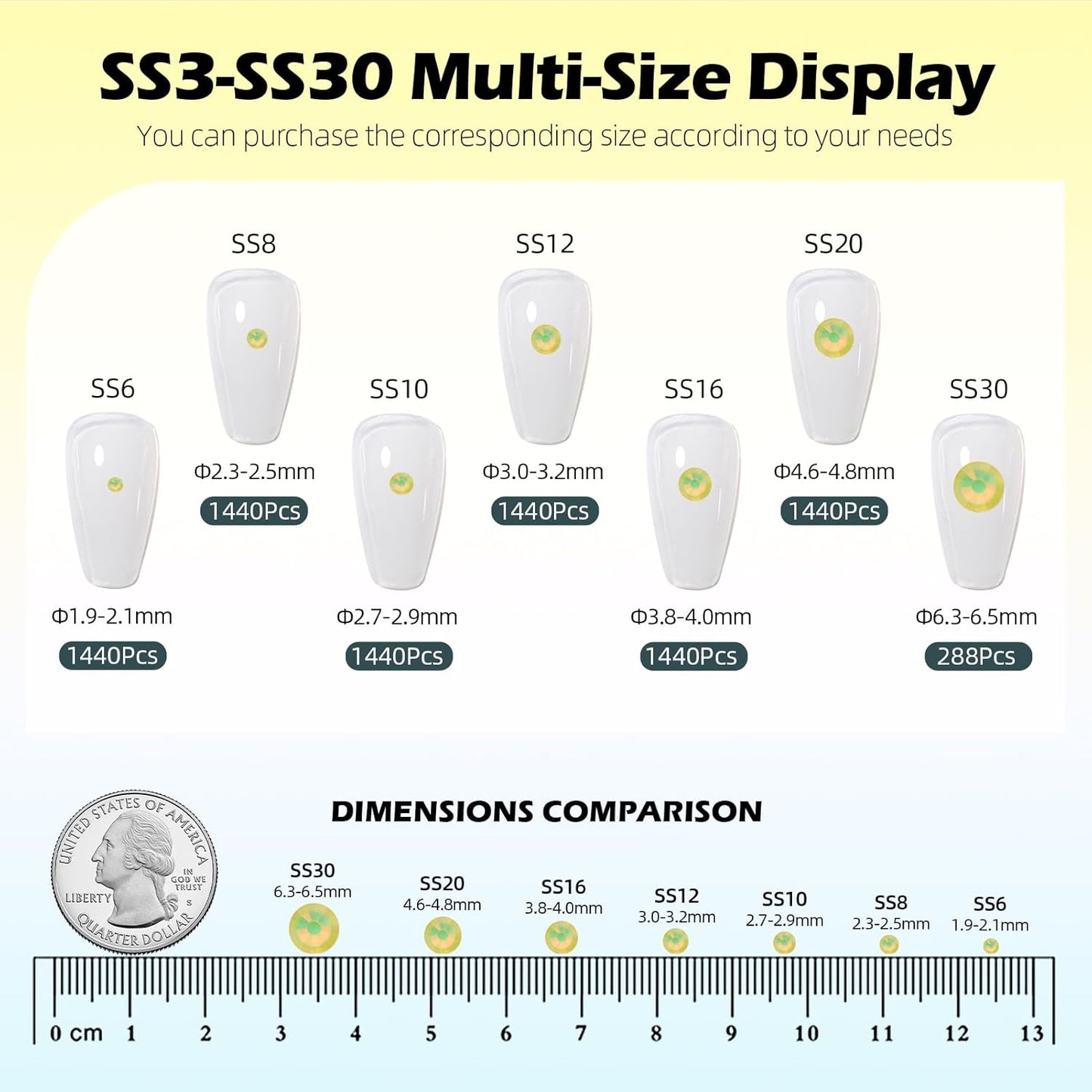 F Yellow Flatback Rhinestones, Glass Rhinestones for Nail Art and Craft, Glue Fix, Loose Crystal Gemstones(F Yellow, SS6, 1440pcs, 1.9-2.0mm)