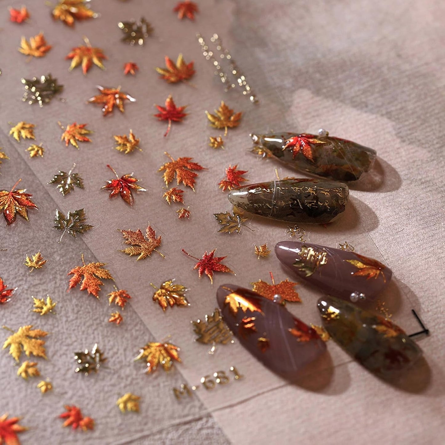 Fall Nail Stickers 1Sheed 3D Embossed Nail Art Stickers Holographic Nails Decals DIY Self-Adhesive with Maple Leaves Gradient Designs for Women Girls Autumn Elegant Nail Art Decorations