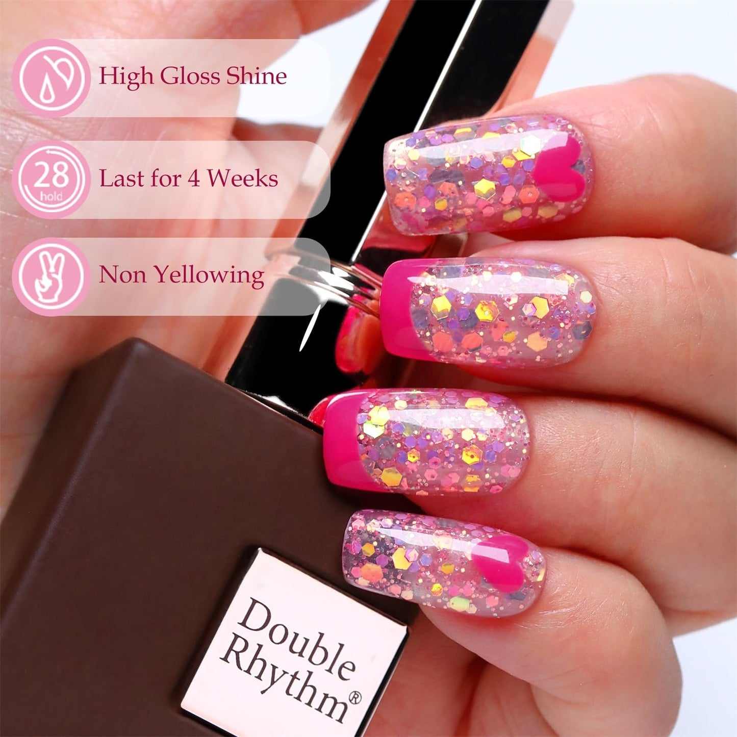 Double Rhythm 15ML Glitter Gel Polish Shimmer Reflective Holographic Color Magnetic for Nail Art Salon DIY at Home (B1086-Pink Passion)