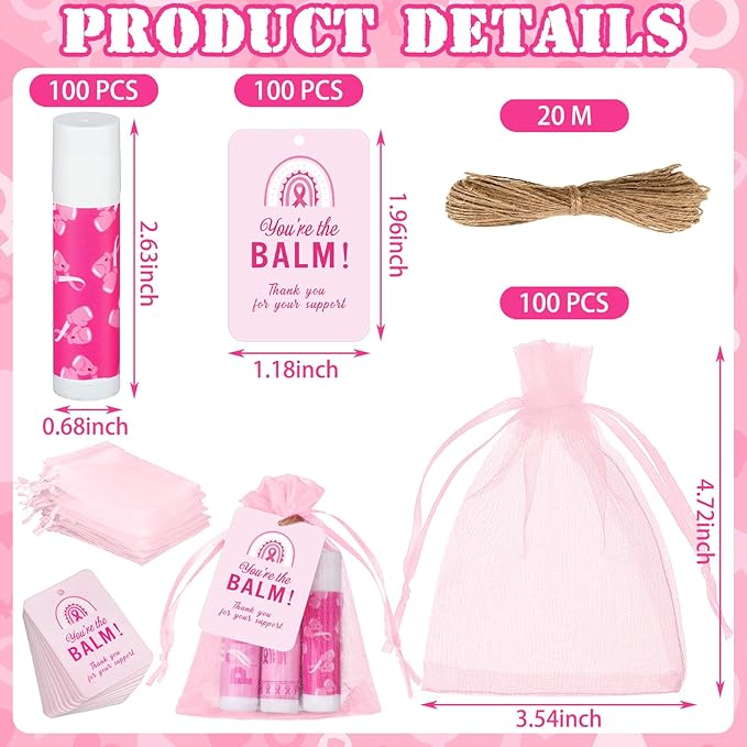 100 Set Pink Ribbon Breast Cancer Awareness Gifts Bulk, 100 Lip Balms, 100 Organza Gift Bags and 100 Tags Perfect for Charity Events, Survivors Awareness Campaigns