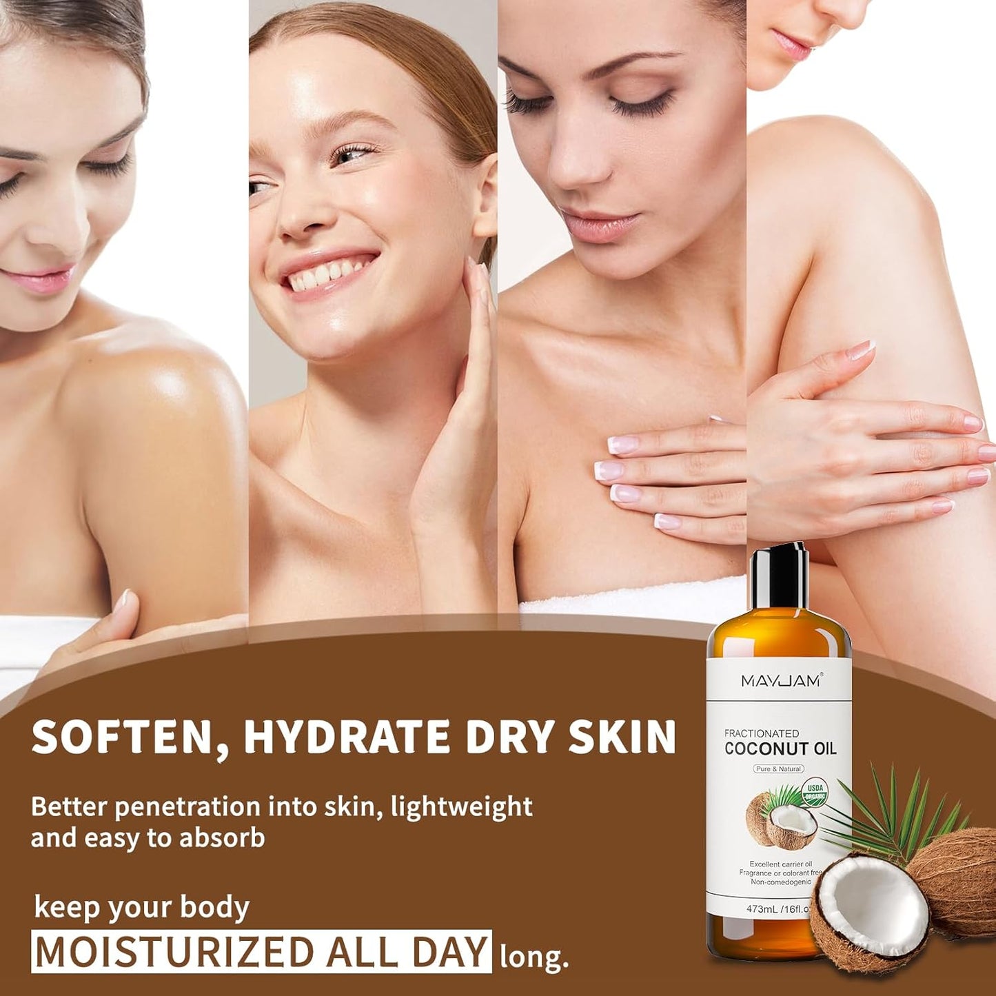 Organic Fractionated Coconut Oils Liquid 16oz, 100% Pure & Natural USDA Certified Cold Pressed Coconut Carrier Oil for Face Skin & Hair Moisturizing, Body Massage Oil for Essential Oils Mixing