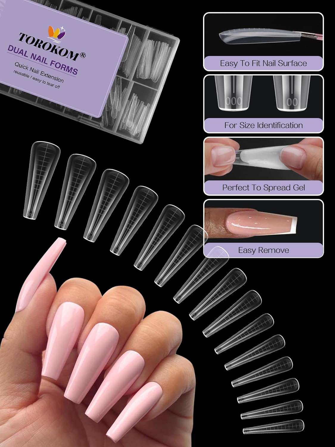 TOROKOM Dual Nail Forms for Poly Nail Gel, 150 PCS Coffin Structure Poly Nail Gel Square Nail Molds for Builder Gel Poly Extension Gel Nail Art Design Salon&DIY