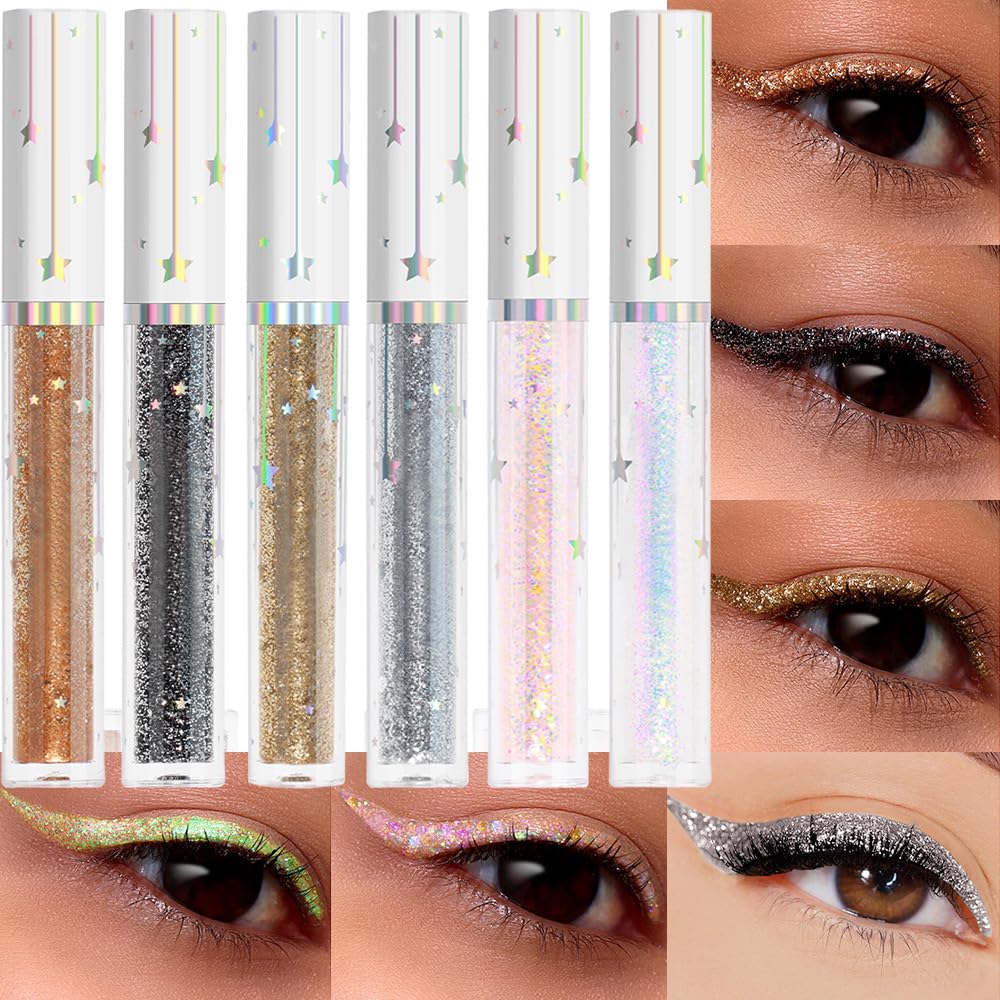 evpct 6Pcs Sparkle Glitter Liquid Eyeliner Eye Makeup Set, Metallic Liquid Eyeliner Waterproof Long-lasting, Liquid Glitter Eye liner in Multi Colors for Stunning Shimmery Eye Look, 01#