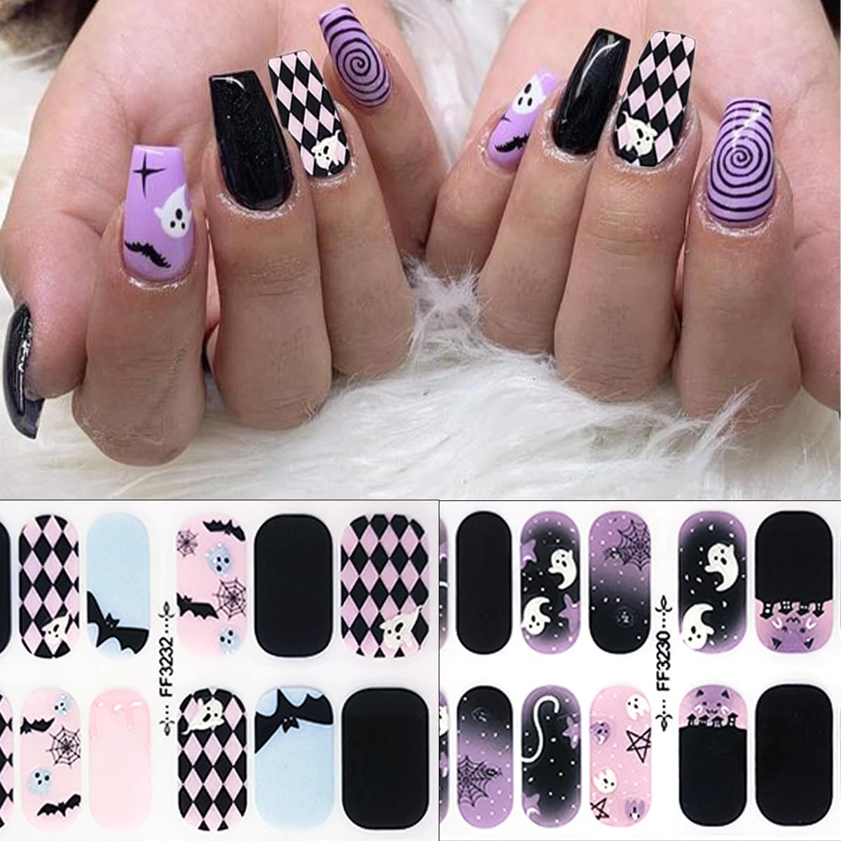 Halloween Gel Nail Stickers for Nail Art 3D Halloween Ghost Nail Art Stickers Cute Full Nail Wraps Stickers Halloween Nail Polish Stickers Spider Bat Moon Star Gel Nail Strips Decals for Women Girls