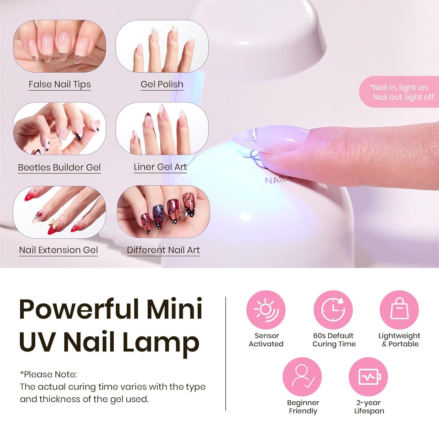 Beetles Tipex Gel Nail Kit, Medium Almond Nail Tips 224 Pcs 16 Sizes Pre-Building Pre-Etched False Nail Tips with Tipex Nail Glue, Mini Nail Lamp Thick Acrylic Nail Set Halloween Nails