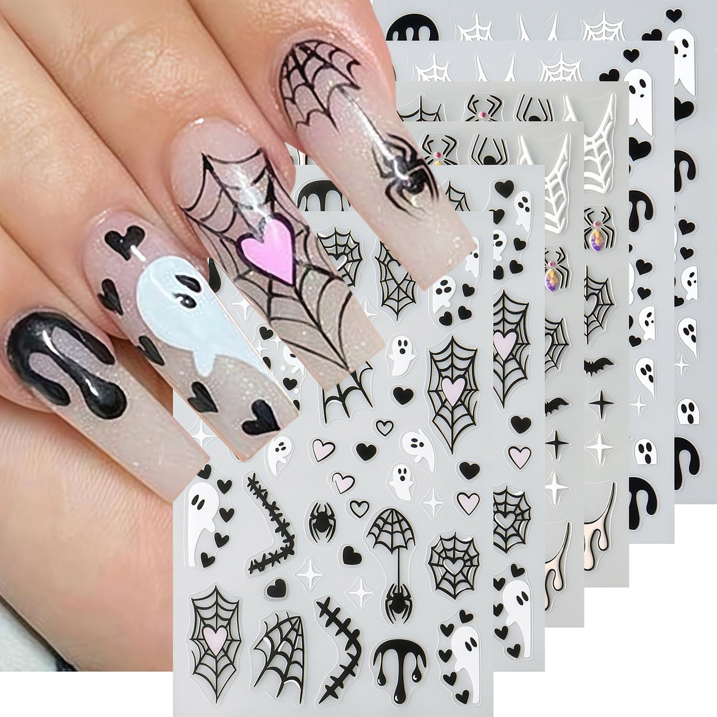 Halloween Nail Stickers 6 Sheets Bat Nail Stickers 3D Self-Adhesive Blood Spider Web Heart Spider Bat Nails Design Ghost Nail Decals Halloween Bats Ghost Sticker for Holiday DIY Manicure Decorate