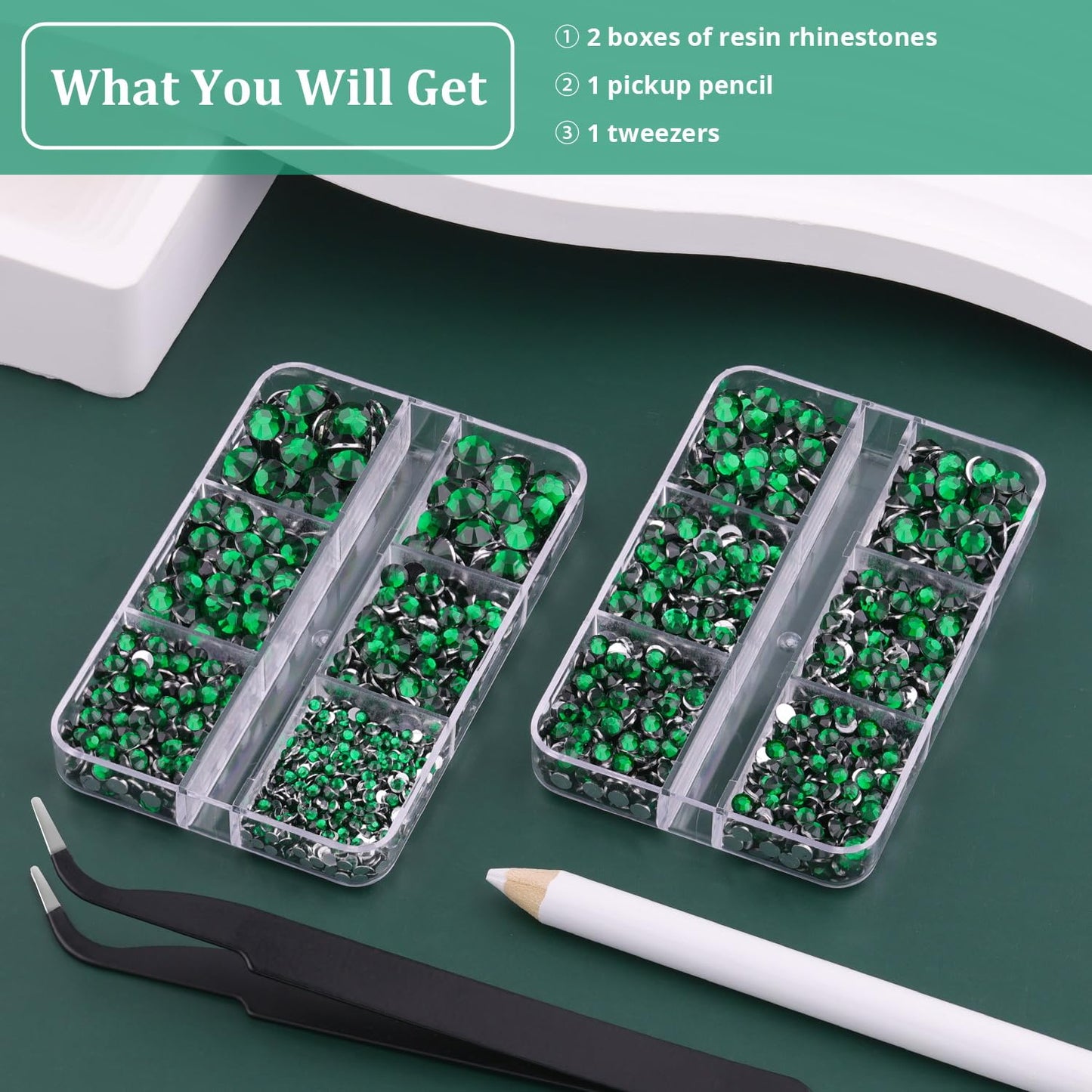 Resin Rhinestones for Crafting, 2 Boxeses Dark Green Multi Sizes Flatback Bedazzling Crystals for Crafts Nail Art Deco, Non Hotfix Gems Charms for Tumbler Shoes Clothing Fabric Face Makeup