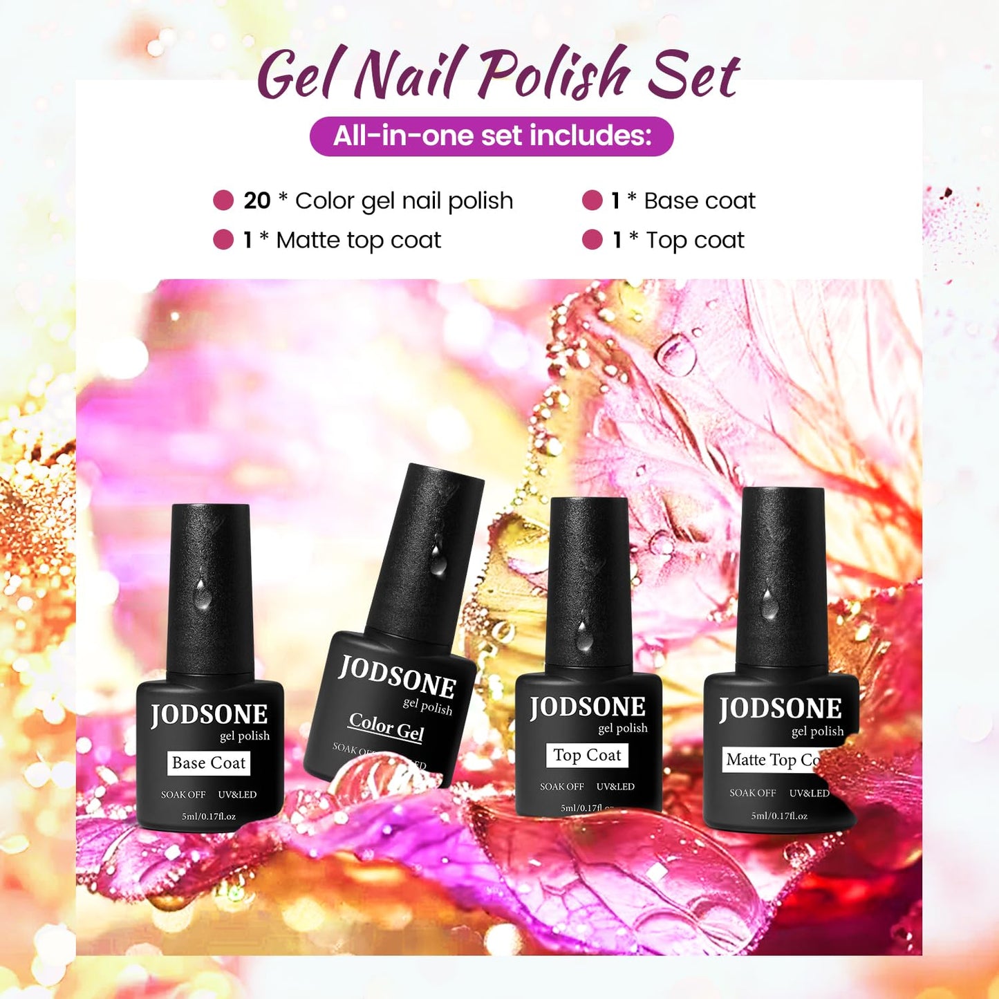 JODSONE 23 Bottles of Glitter Colorful and Elegant Gel Polish kit with 3 Bottles of Matte and Glossy Top Coat Base Coat Gel Nail Set