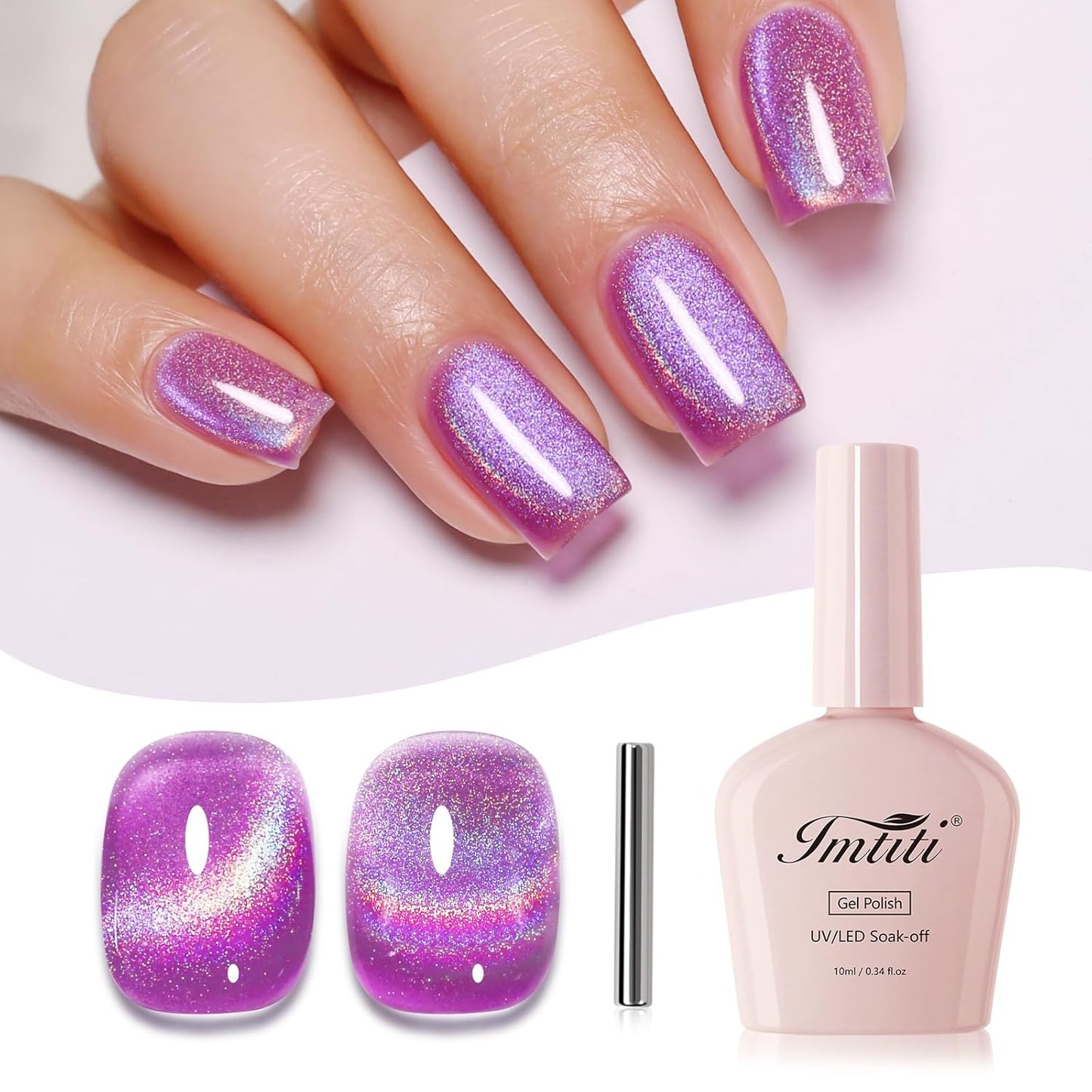 Imtiti Cat Eye Gel Nail Polish, Purple Rainbow Holographic Magnetic Gel Polish With Magnet Glittery Iridescent Galaxy Nail Gel Polish Spring Summer Gel Polish Kit Soak Off UV Led 10ML