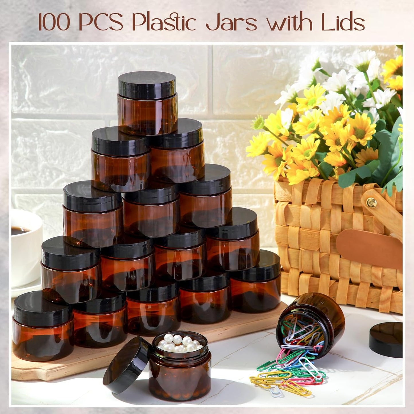 SATINIOR 100 Pcs Plastic Jars with Lids Small Containers Lids Wide Mouth Small Plastic Containers for Lotion Cream Rhinestones Body Butters Travel Storage(2 oz,Amber)