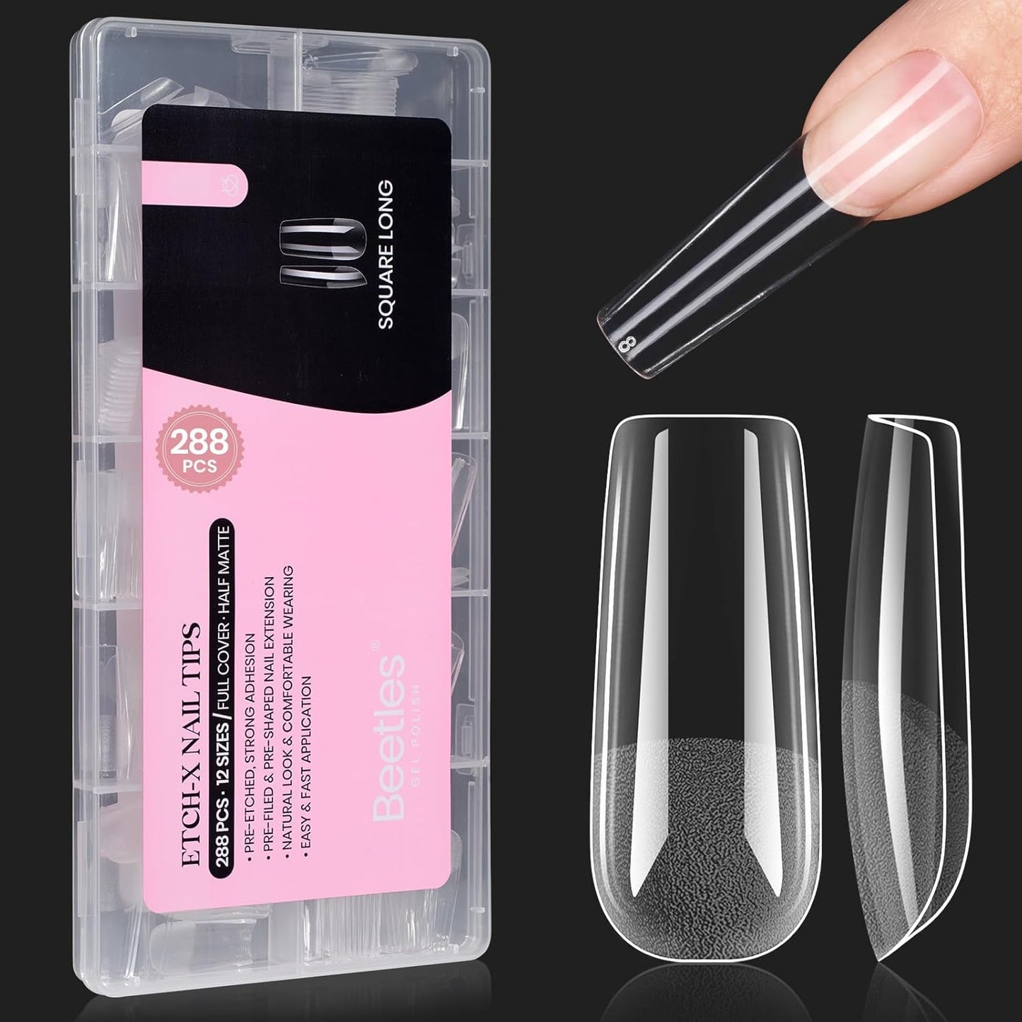 Beetles Gel Nail Tips Long Square 10 Sizes, 288Pcs Pre Shaped Half Matte Press On Nails Gelly Tips False Nails for Gel Nail DIY Art Nail Extensions Acrylic Nails Gift