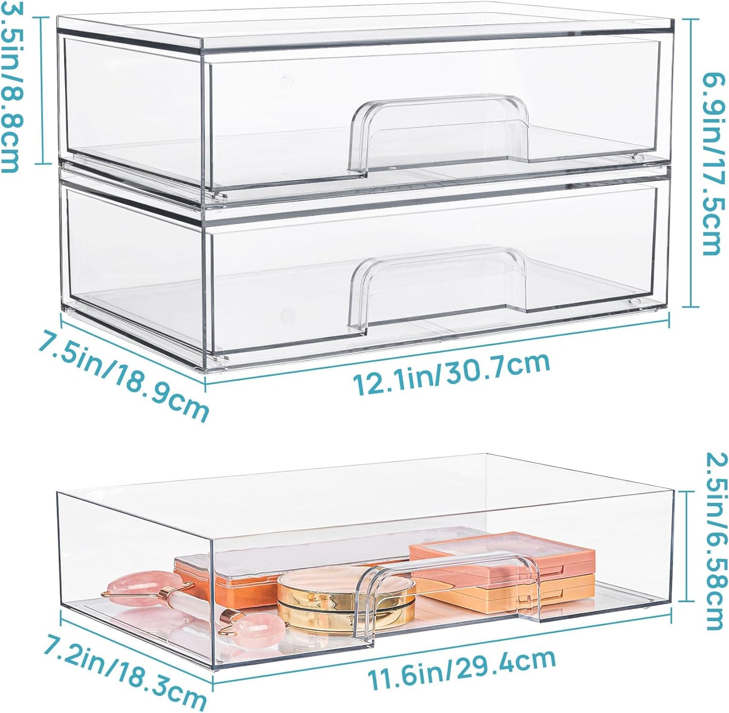 Vtopmart 12.1''W Clear Stackable Storage Drawers,6 Pack Acrylic Plastic Organizers Bins for Makeup Palettes, Cosmetics, and Beauty Supplies,Ideal for Vanity, Bathroom,Cabinet,Desk Organization
