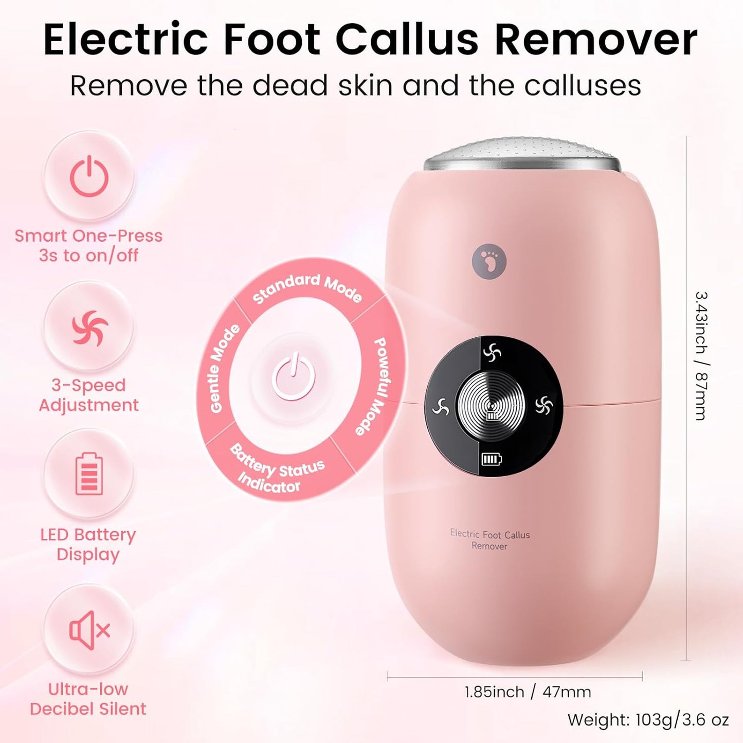 Quaferen Foot Callus Remover Electric Callus Remover for feet Rechargeable Foot File Pedicure Tools with Stainless Steel Head IPX6 Waterproof Foot Scrubber for Dead Hard Cracked Dry Skin (Pink)