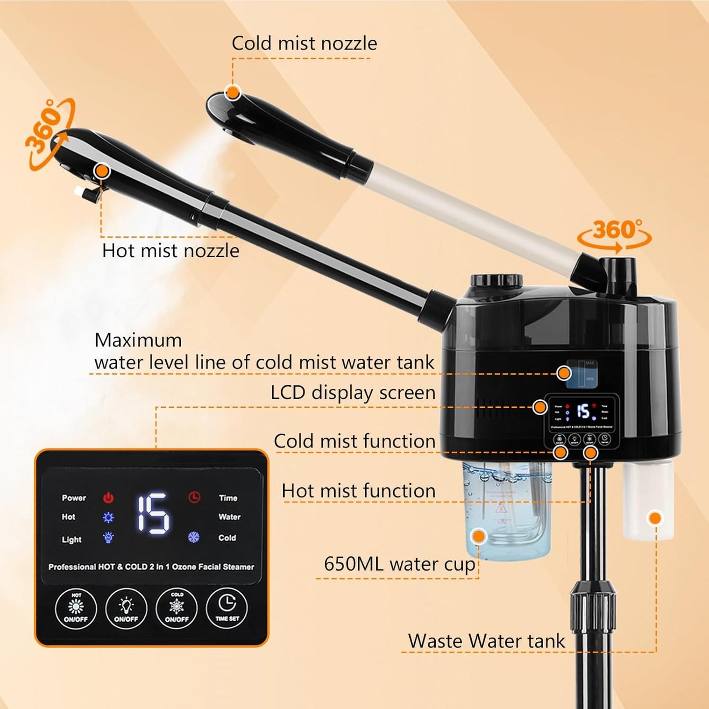 Professional Facial Steamer with Ozone and Hot & Cold Mist, Esthetician Steamer on Wheels, Face Humidifier for Facial Deep Cleaning, Digital Facial Steamer for Home and Salon, Black