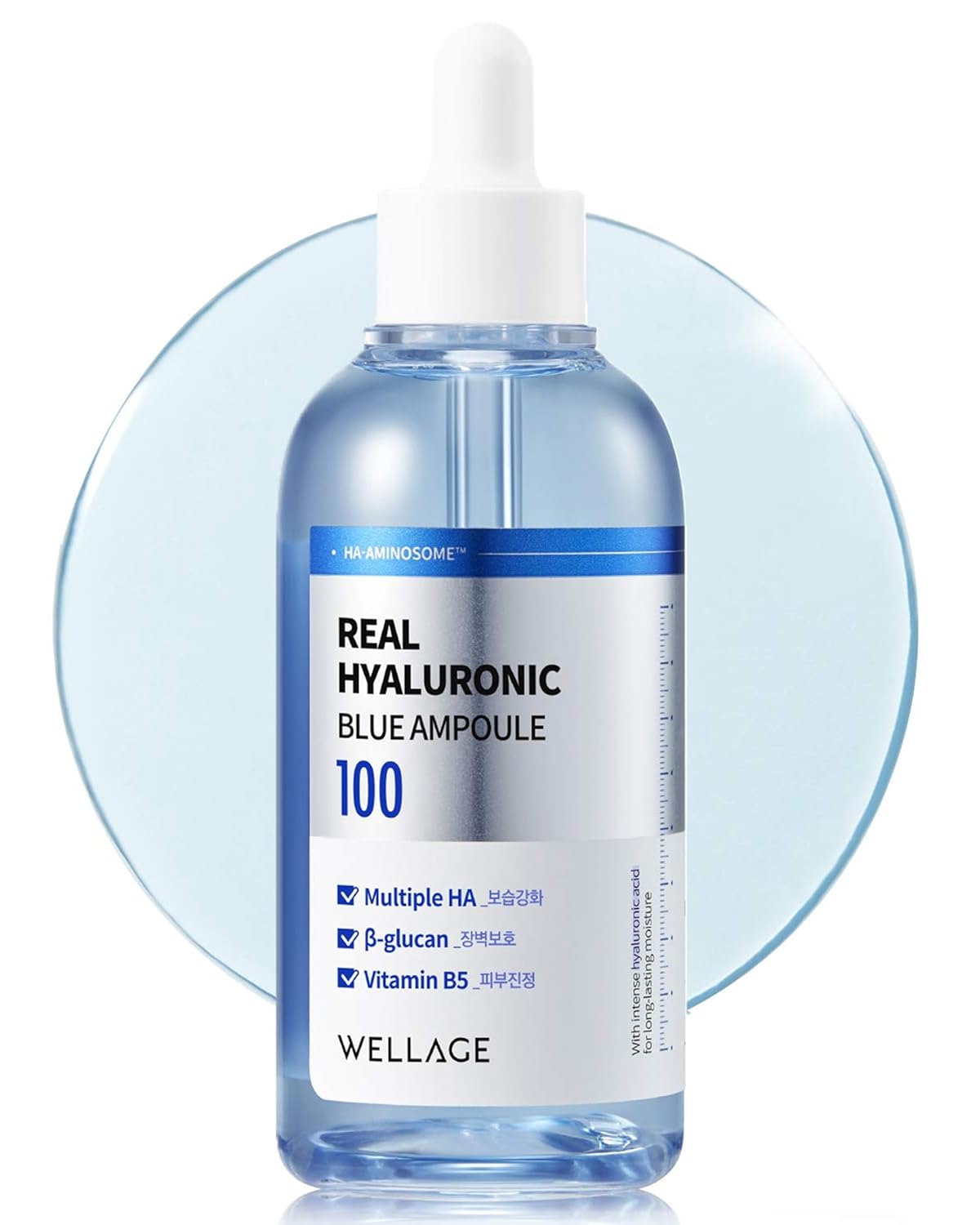 WELLAGE Real Hyaluronic Blue Ampoule 100, Korean Serum, Fragrance Free Hyaluronic Acid Ampoule with Panthenol, Wild yam, Centella for Sensitive Dry Skin Moisturizer 2.54 fl.oz