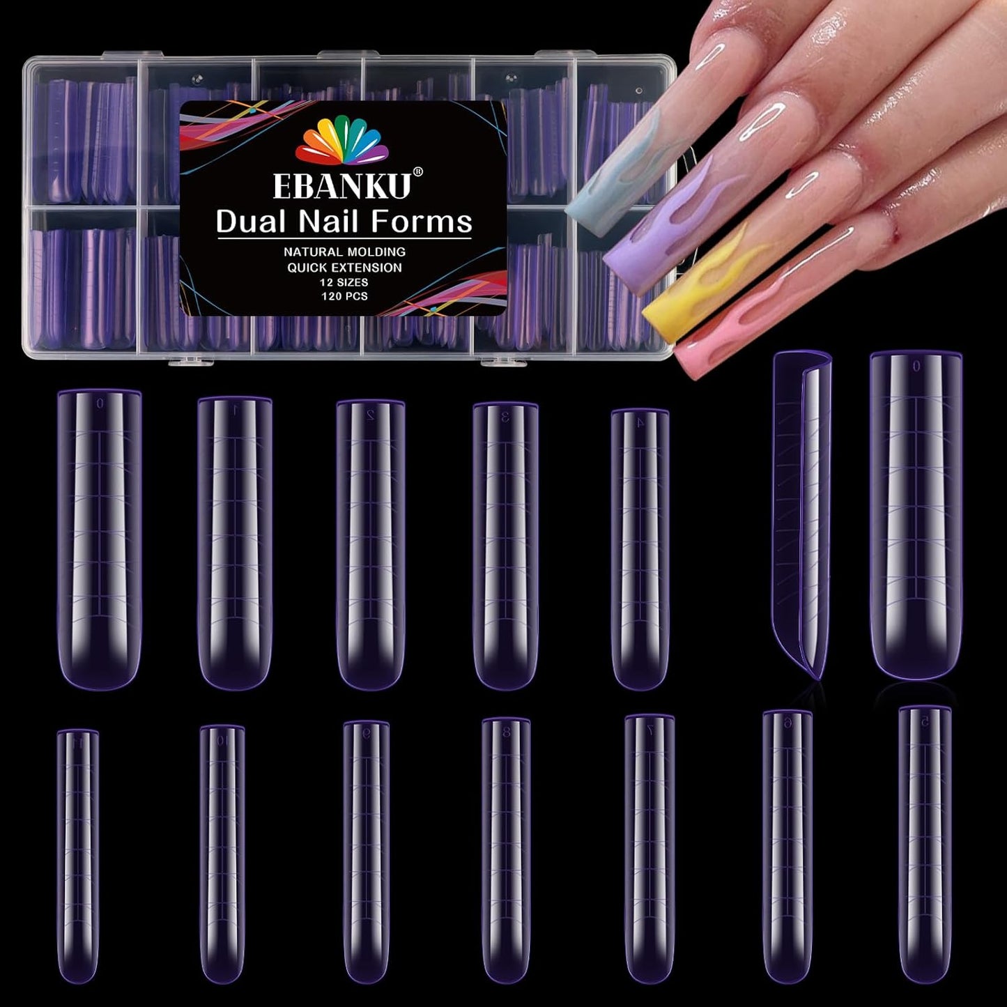 EBANKU Dual Nail Forms for Poly Extension Gel, 120 PCS Purple Square Nail Molds Reusable 12 Sizes Nail Extension Forms for Builder Gel Manicure Design Salon DIY