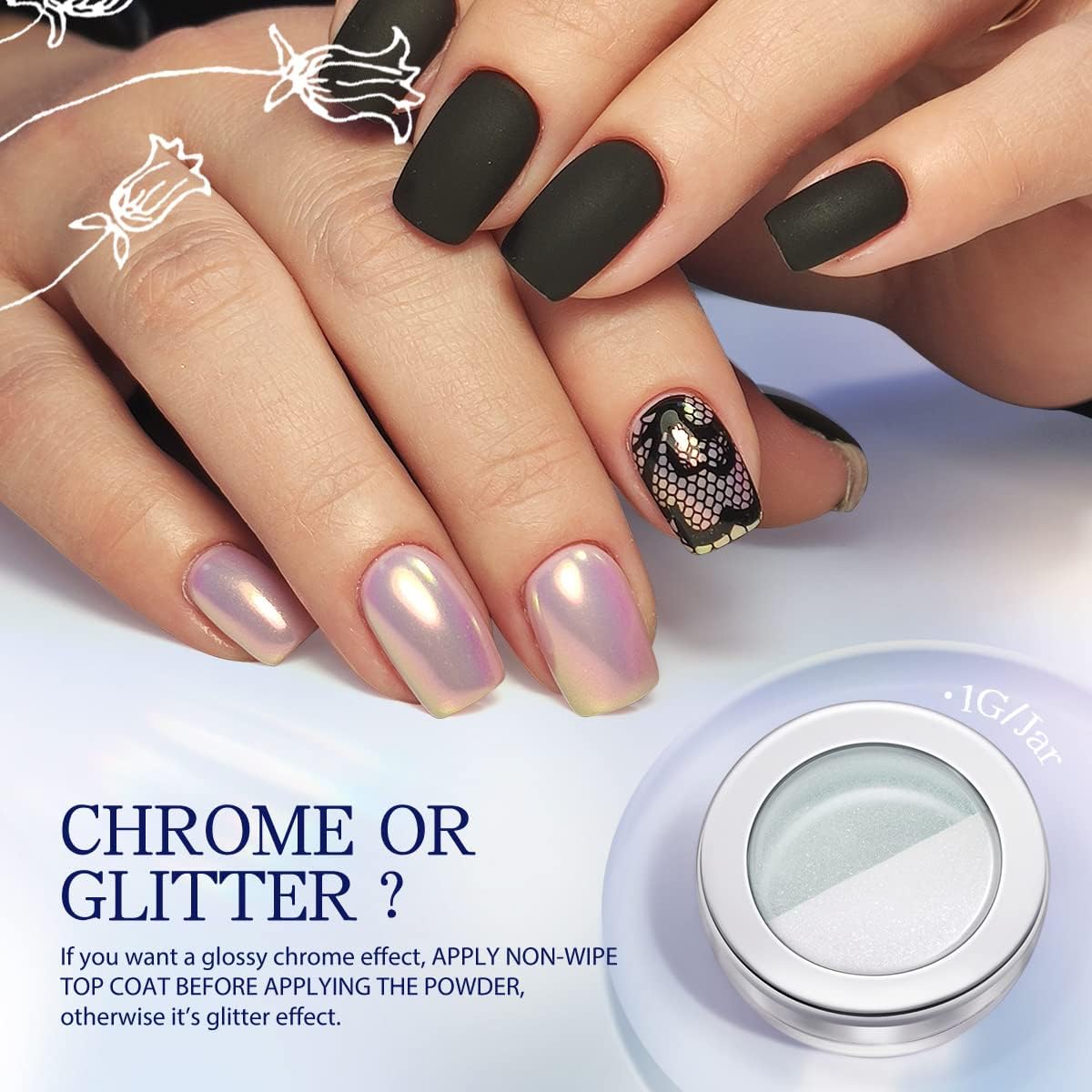 Pretty Diva Aurora Chrome Nail Powder - Mermaid Unicorn Chrome Powder for Nails, Aurora Iridescent Nails Chrome Powder Glitter Manicure Pigment