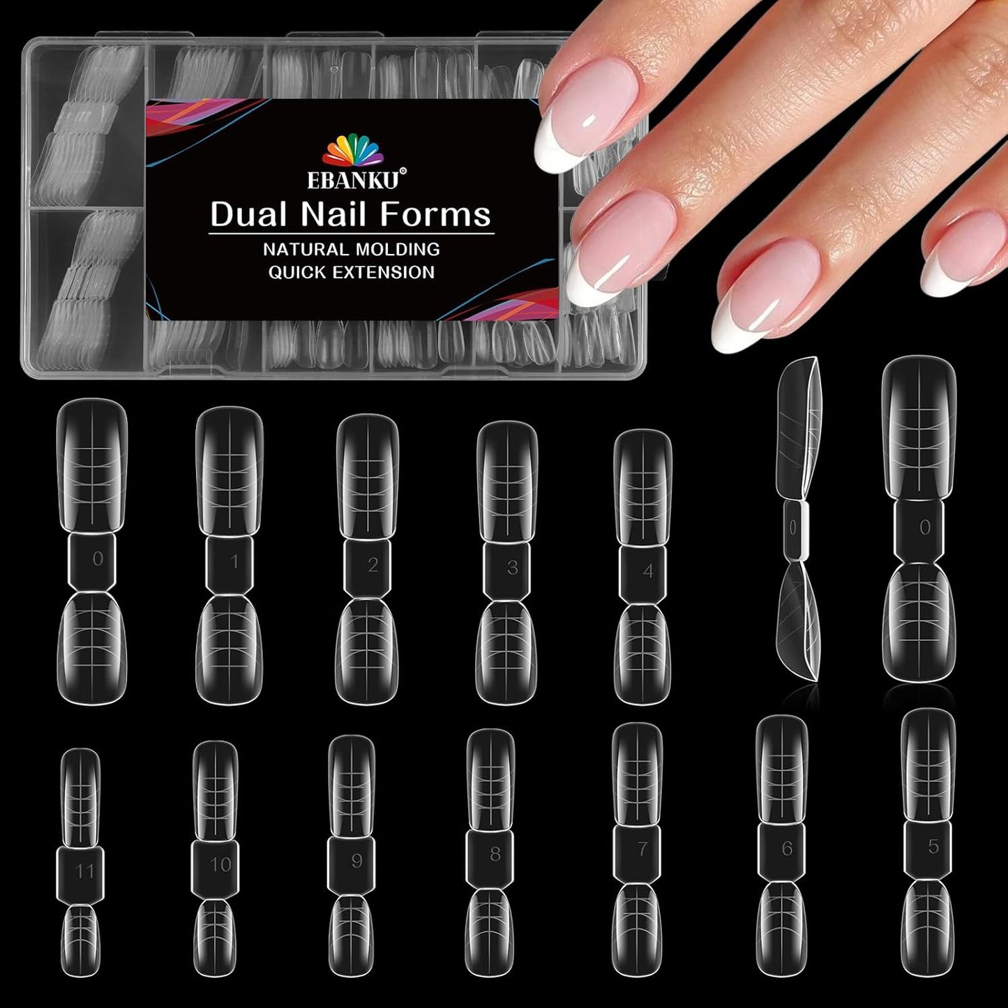 EBANKU Dual Nail Forms for Poly Extension Gel, 120 PCS 2 In 1 Nail Molds Reusable Nail Extension Forms for Builder Gel Manicure Design Salon DIY-12 Sizes