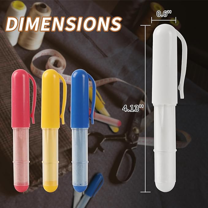 (3-pack) Fabric Chalk Markers -Erase Tailor’s Chalk for Quilting and Sewing - Compatible with Most Fabrics - With Dosing Wheel Technology, Red, Blue, White