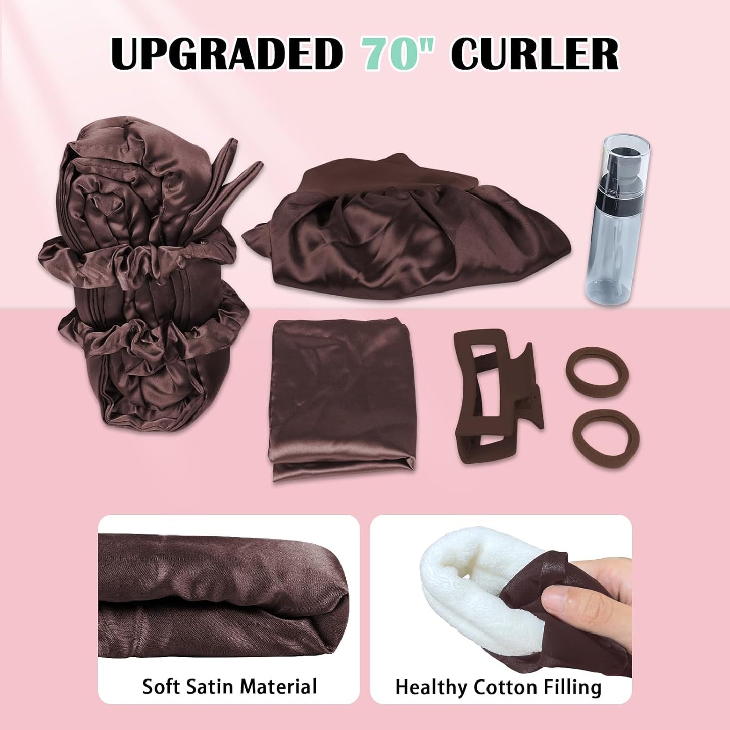 Satin Heatless Curls Overnight Hair Curlers to Sleep In Hair Curler Rollers No Heat Hair Wrap for Curls Headband, 70" Satin Heatless Curling Rod Set for Women Long Waves Hair Volume -Brown 9PCS