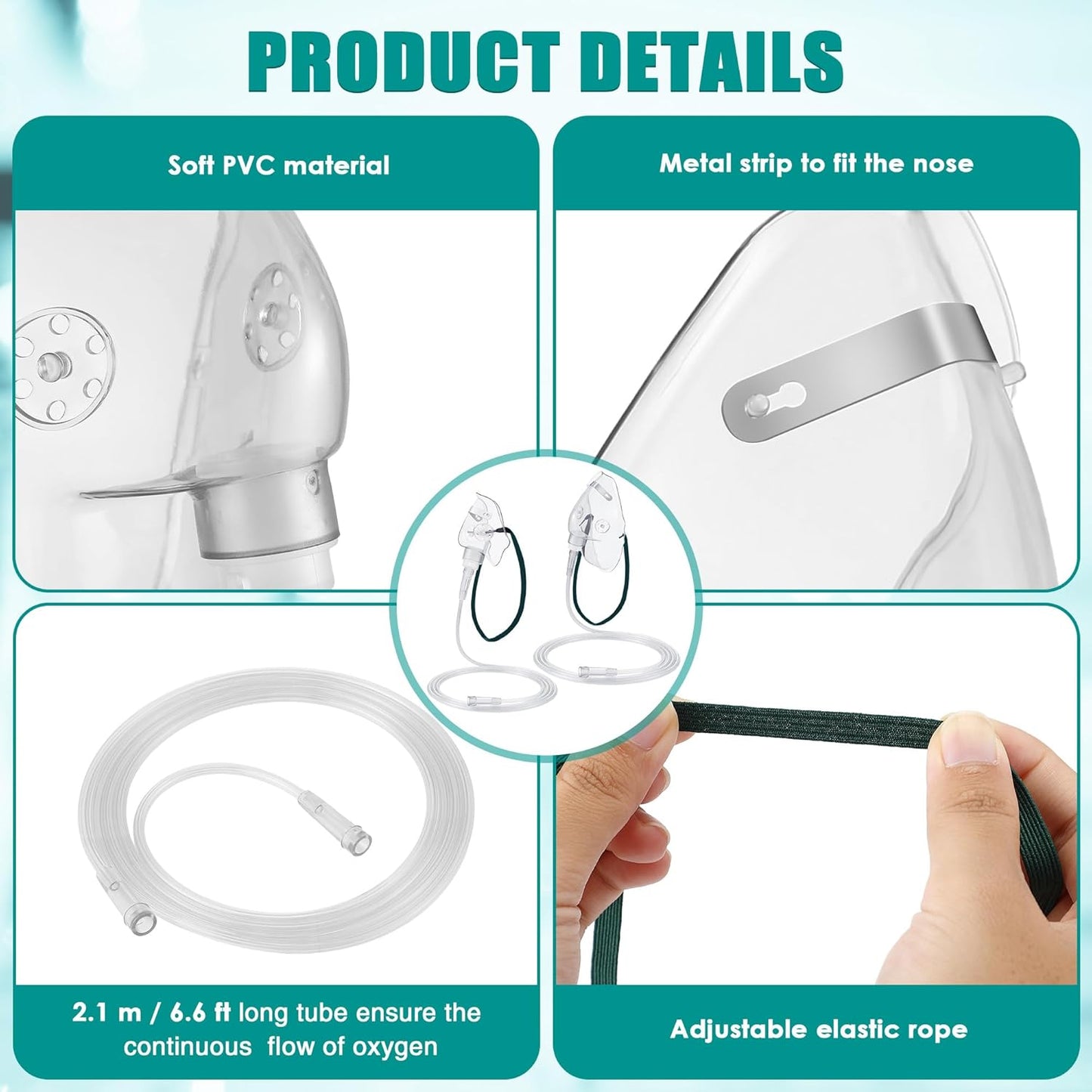 Geiserailie 2 PCS M/L Oxygen Mask with 6.6 Ft Tubing and Adjustable Elastic Strap, Adult Oxygen Mask with Tubing, Transparent Masks for Face Adult