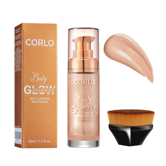 Corlo Body Shimmer Oil Liquid Glitter Face Luminizer Glow Highlighter Waterproof Long Lasting Moisturizing Luminizer FaceProm Party Makeup Brush Include(Rose Gold, Body Oil)