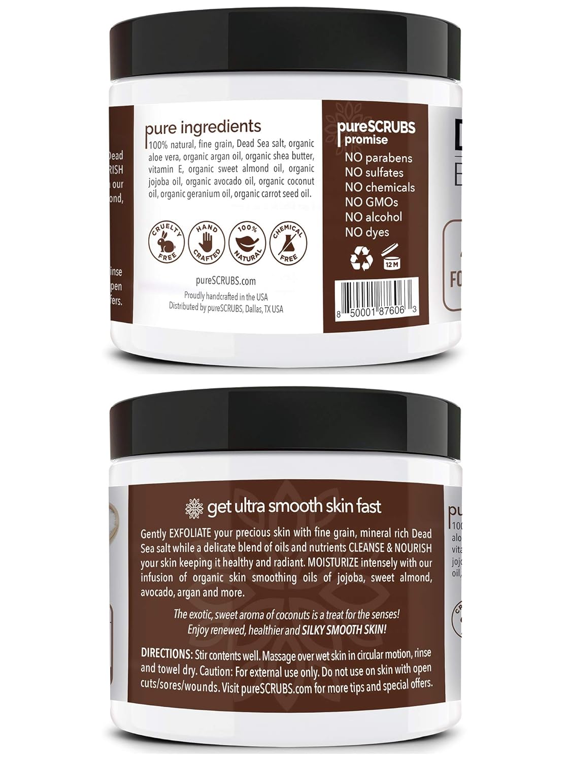 pureSCRUBS Premium Coconut Body Scrub Set - Large 16oz Dead Sea Salt Body Scrub With Infused Essential Oils & Nutrients, Includes Wooden Spoon, Loofah & Oatmeal Exfoliating Bar Soap