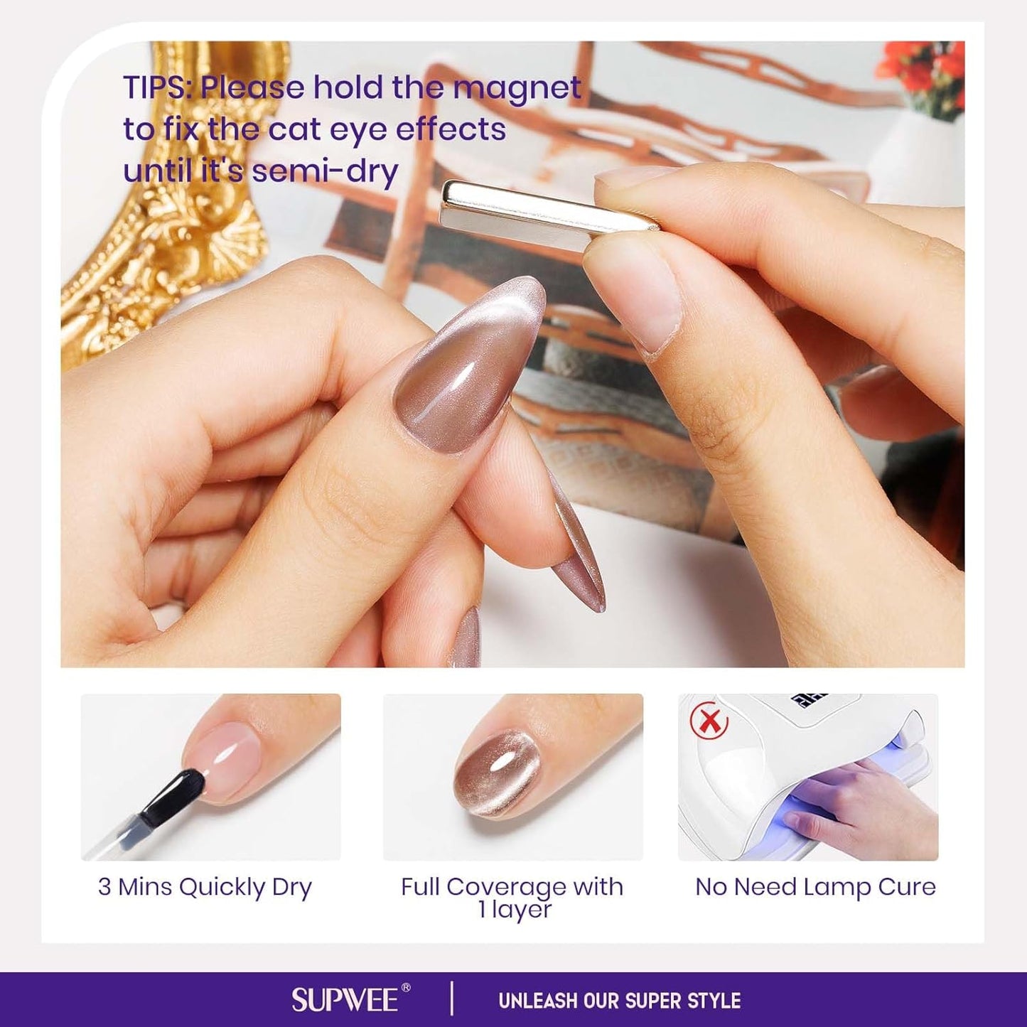 magnetic nail polish non gel, Nude Cat Eye Nail Polish Non Gel, Shimmer Glitter with Magnet, High Glossy, Fingernail Air Dry Fast, Manicure DIY, Salon Fall Colors