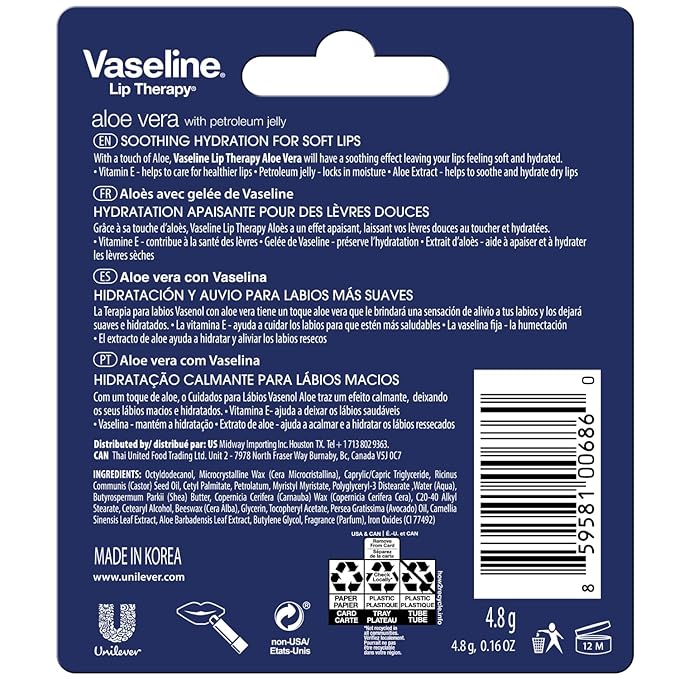 Vaseline Lip Therapy Aloe Fresh - Hydrating Lip Balm Pack, Vaseline Stick, Lip Moisturizer for Dry Lips, 0.16 Oz Each (Pack of 12)