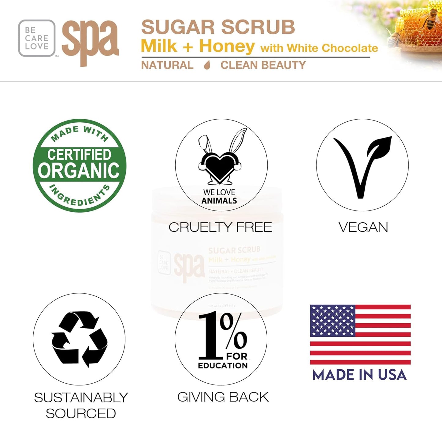 BCL SPA sugar scrub | organic Milk and Honey with White Chocolate exfoliating body scrub removes dead, dry skin for a soft & hydrated feel, nourishing essential body care 16 oz
