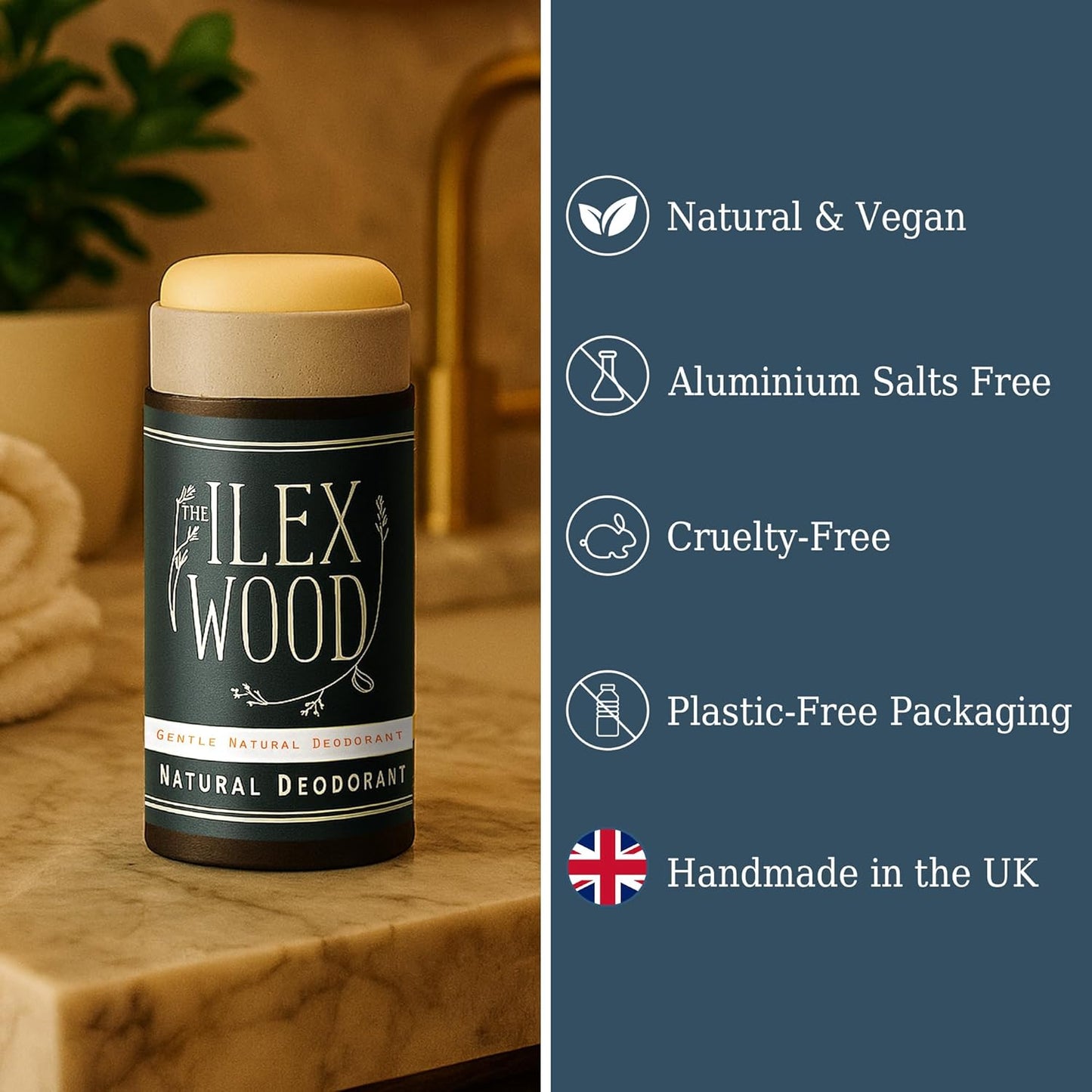 The Ilex Wood - Gentle Natural Deodorant with Citrus Oils - 2.4 fl oz. Natural Handmade Vegan Deo, no plastic, no alcohol, Sodium Bicarbonate Free, Recyclable, Cruelty Free, no Toxins & no Aluminium Salt