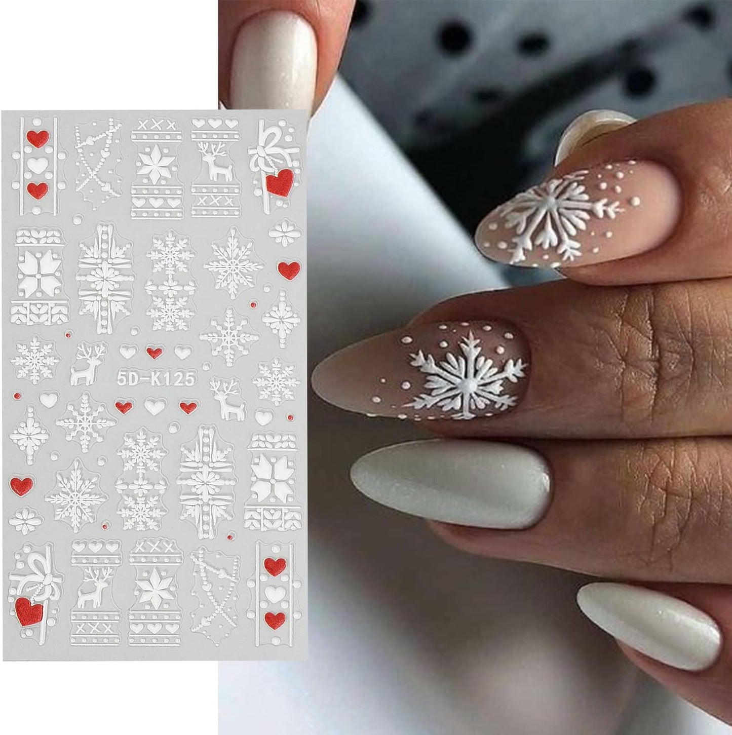 HNUIX Nail Stickers - Snowflake 5D, Self Adhesive Nail Decals, Multi Pattern, 4 Sheets, for Nail Art