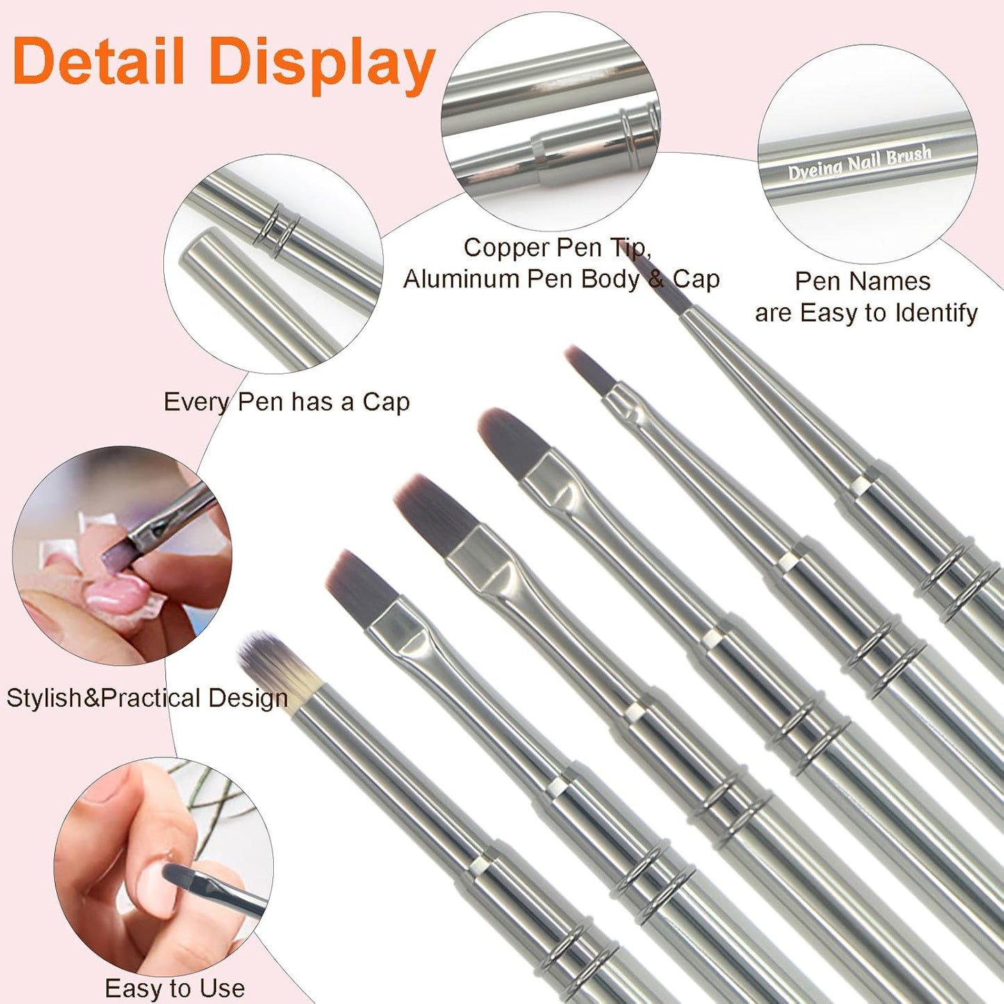 MYR 6pcs Nail Art Brushes and 2pcs Nano Nail Files, Metal Nail Art Tools, Acrylic Nail Brushes, Nail Brushes for Nail Art, suitable for Gel Dilution, Halo Dyeing, Watercolor and other Nail Design
