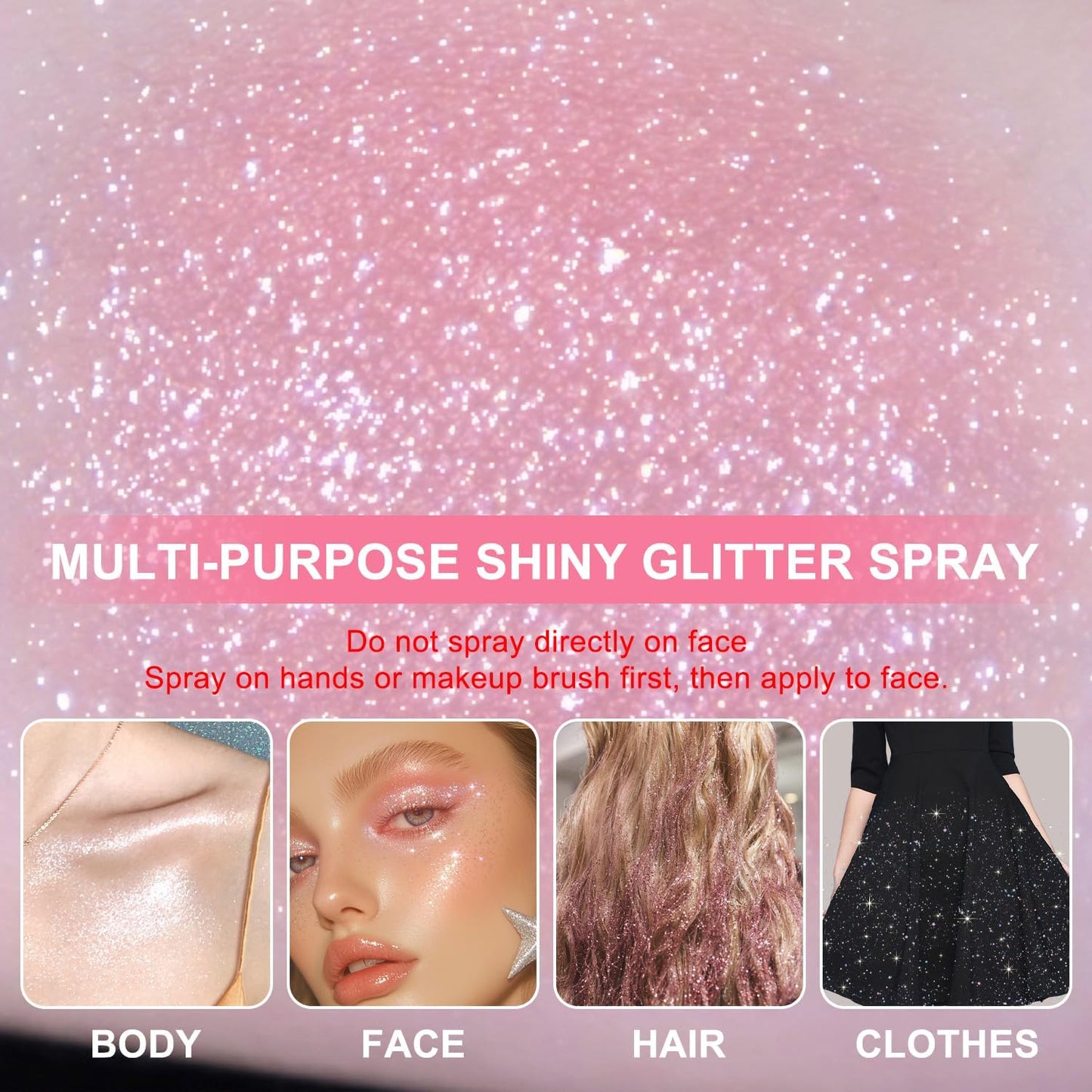Hair and Body Glitter Spray, Holographic Glitter Highlighter Powder, Hairspray for Clothes, Face Body Shiny Glitter, Loose Shimmer Hairspray Festival Rave Prom Accessories, 4.22 Fl Oz (Pink)