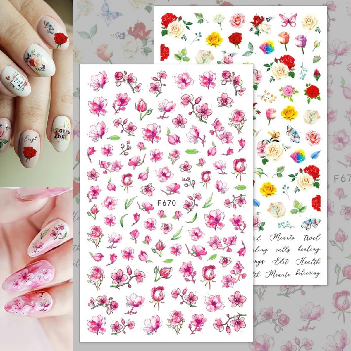 Flowers Nail Art Stickers Decals 10 Sheets 3D Self Adhesive Flower Nail Design Stickers Spring Summer Blossom Flowers Floral Nail Decals for Women DIY Manicure Flowers Nail Stickers Decoration Supply