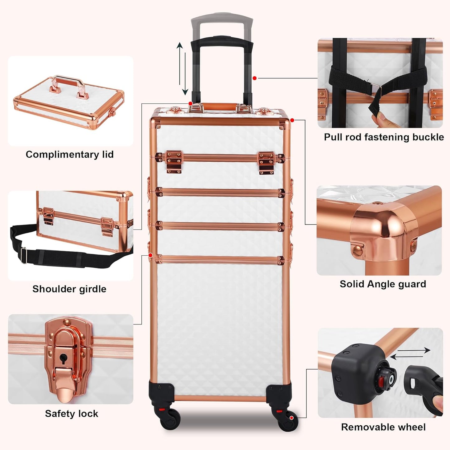 Rolling Makeup Case, Makeup Train Case with Lid, 5 in 1 Cosmetology Case on Wheels, Christmas Gift, Large Makeup Organizers, Profesional Cosmetic Case for Salon Barber, White Gold