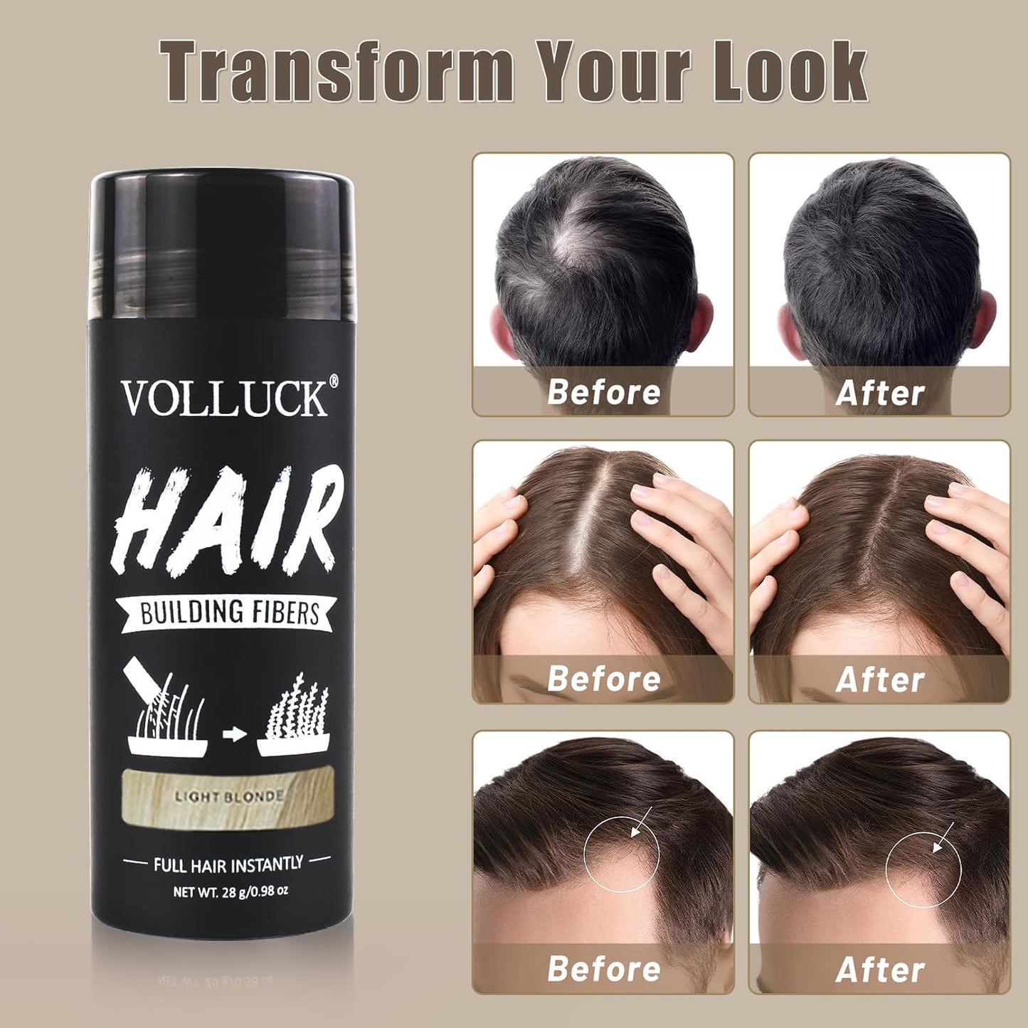 VOLLUCK Hair Fibers for Thinning Hair, Instant Coverage Hair Building Fibers for Women and men, Natural Hair Powder for Conceal Hair Loss 28 g (Light Blonde)