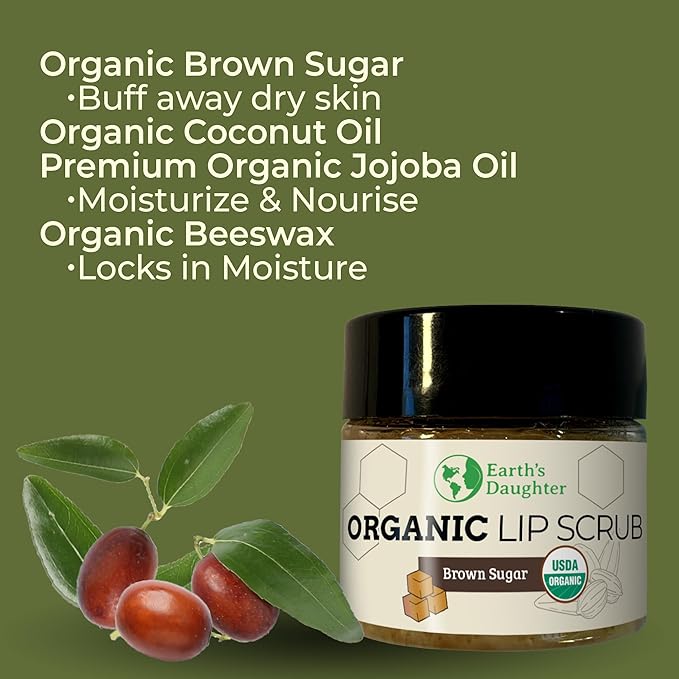Organic Brown Sugar Lip Scrub – 0.7oz – USDA Organic Lip Exfoliator Scrub for Dry Lips - Fair Trade, Brown Sugar, Jojoba Oil, Beeswax, Coconut Oil - Lip Scrubber Exfoliator For Lip Care