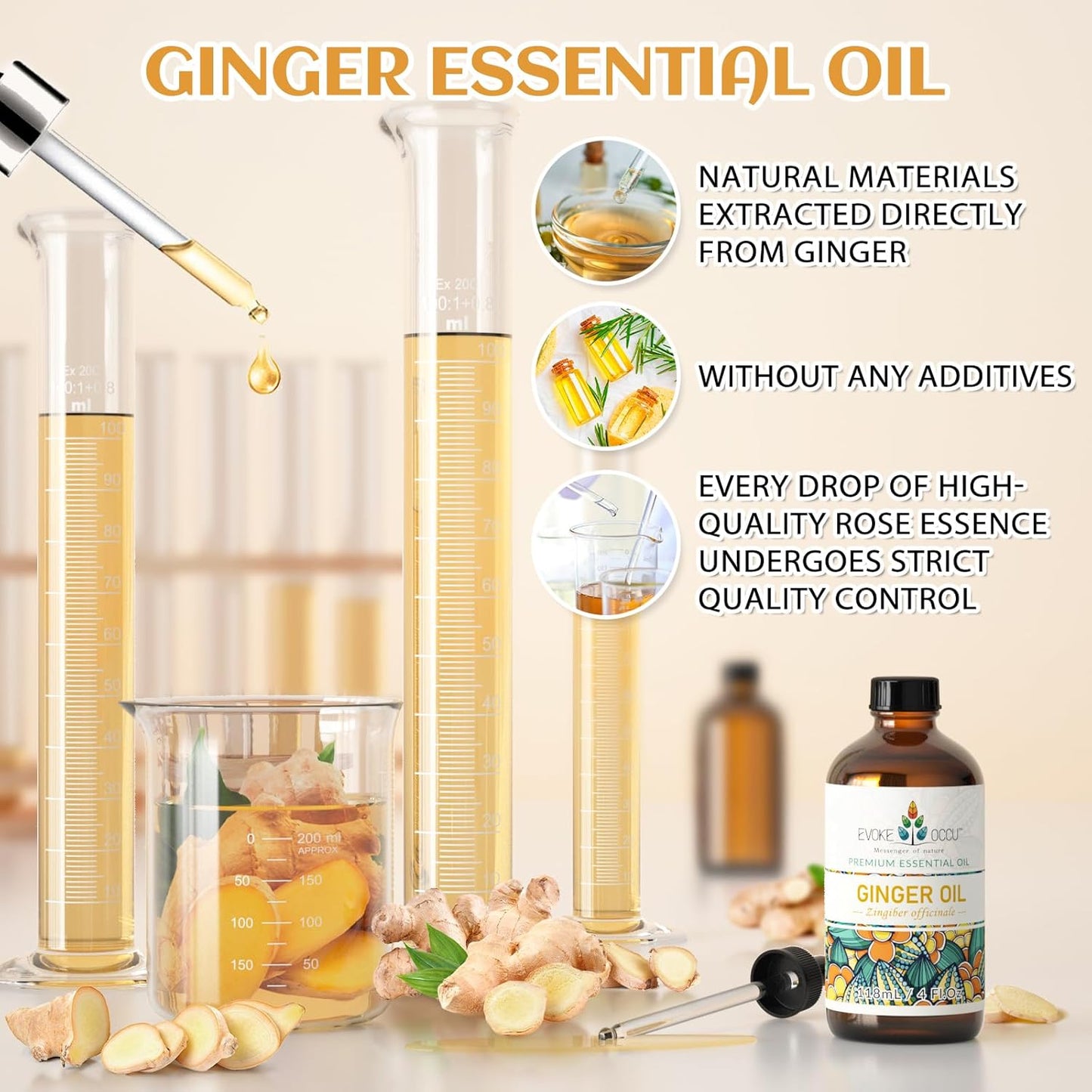 EVOKE OCCU 100% Pure Ginger Oil, Natural Ginger Essential Oil for Massage, Diffuser, Hair, Skin, DIY - 4 Fl Oz