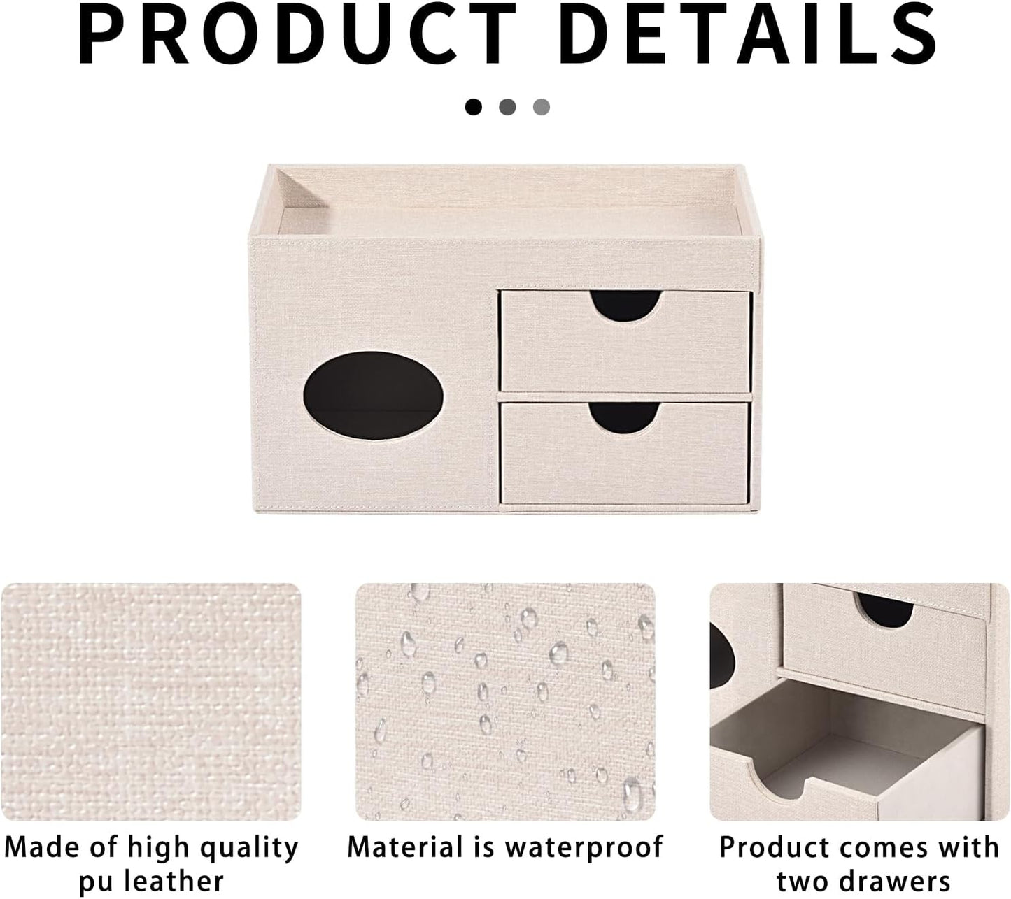 Square Tissue Box Cover with Drawers,Tissue Box Holder with Storage Tray, Makeup Organizer and Desk Organizer,Tissue Holders Decorative for Bathroom Vanity NightStand Dressing Table (Beige)