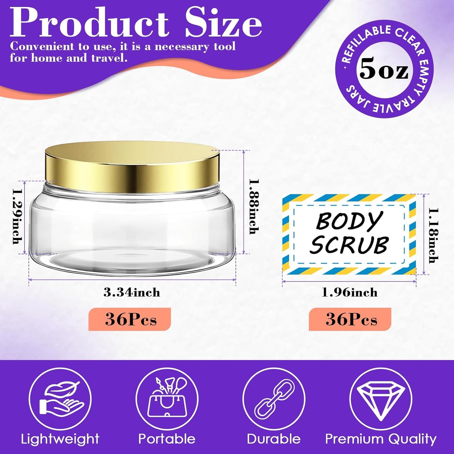 36 Pack 5 oz Plastic Cosmetic Containers With Lids Refillable Clear Empty Travle Jars Containers for Body Butter,Sugar Scrubs,Cream,Lotions,Candy, Waterproof Label&Spatulas - (Black Lid)