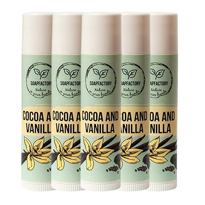 SoapFactory Natural Vanilla Lip Balm for Dry cracked Lips, Vegan, Organic Certified, Lip Care with Carnauba Wax for Women and Men, 0.17 ounce (Pack of 5)