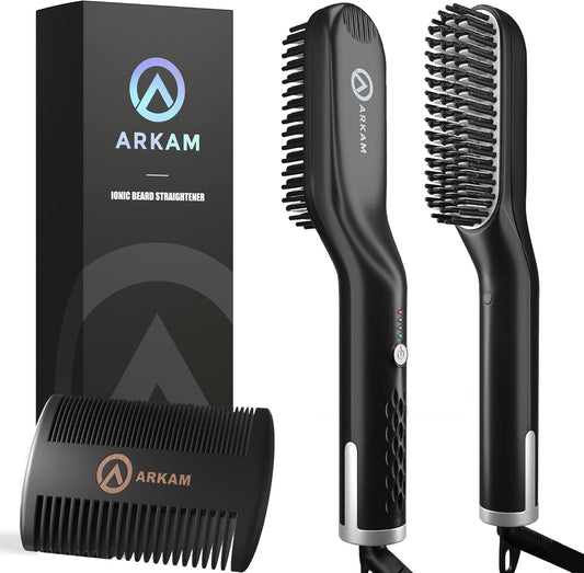Arkam Beard Straightener for Men - Original Heated Beard Brush Kit w/Anti-Scald Feature, Dual Action Hair Comb and Travel Bag for Short to Medium Beards -Costume Accessories and Grooming Gifts for Men