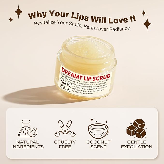 Nourishing Lip Scrub - Infused with Coconut Oil, Olive Fruit Oil, and Jojoba Seed Oil, 1.05oz - Exfoliate, Hydrate, and Glow for Chapped Dry, Dark Lips