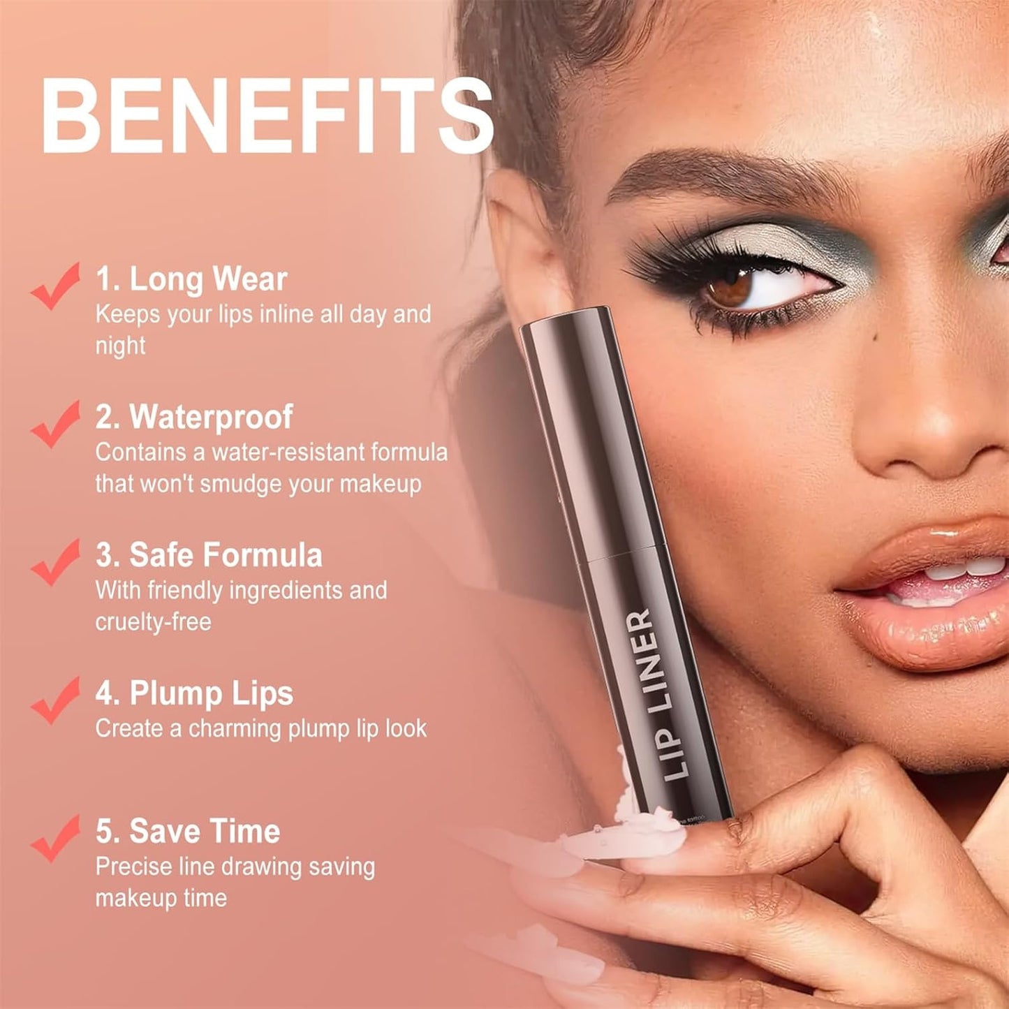 OETUIOW Lip Stain Peel Off, Lip Liner Moisturizing Long-Lasting & Waterproof, Transfer Proof & Plumping, Non-Stick Cup, Coral Color