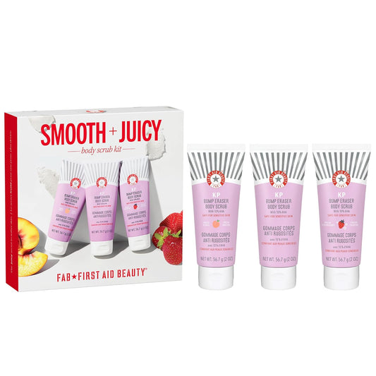 First Aid Beauty Smooth + Juicy Body Scrub Kit: KP Bump Eraser Body Scrub with 10% AHA, Daily Exfoliation Keratosis Pilaris Set to Help Reduce Chicken Skin Bumps; Strawberry, Peach, & Original (2 oz)